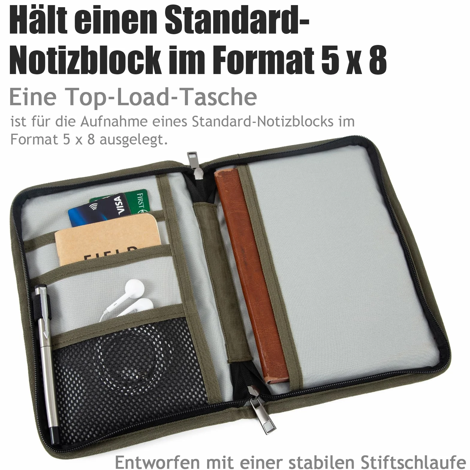 Klasyczne woskowane płótno, zamek błyskawiczny, okładka, kieszeń na pamiętnik, etui na notatniki polowe, wodoodporną osłonę Moleskine Cahier 5 x 8, wieża A5 (zieleń wojskowa)