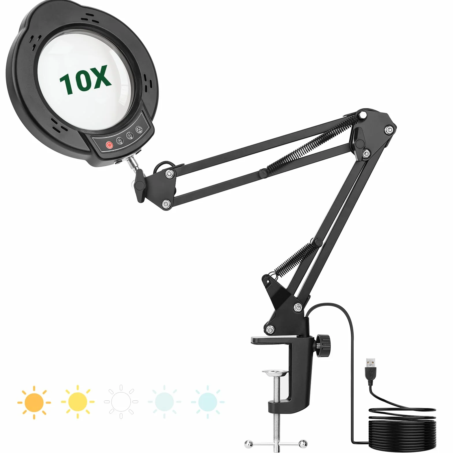 WISYOK Lupa ze światłem i stojakiem, 10x LED lampa z lupą z ramieniem wychylnym 22 cm, 5 trybów kolorystycznych, 10 bezstopniowo ściemnianych, lampa z lupą z zaciskiem, lupa do czytania dla seniorów