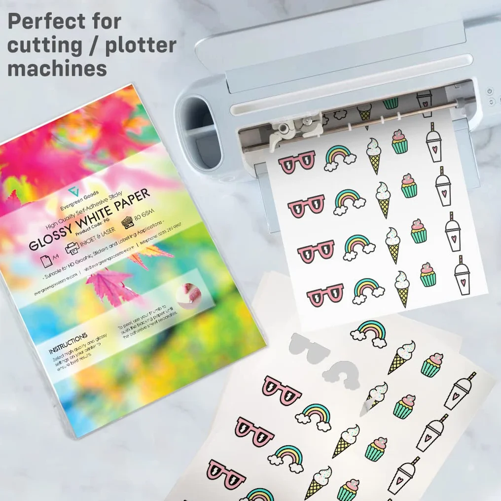 Evergreen Goods 50 arkuszy A4 błyszczący papier samoprzylepny, biały, papier do druku atramentowego/laserowego, naklejki DIY, sztuka i rzemiosło, kompatybilny z ploterem, mocny tył