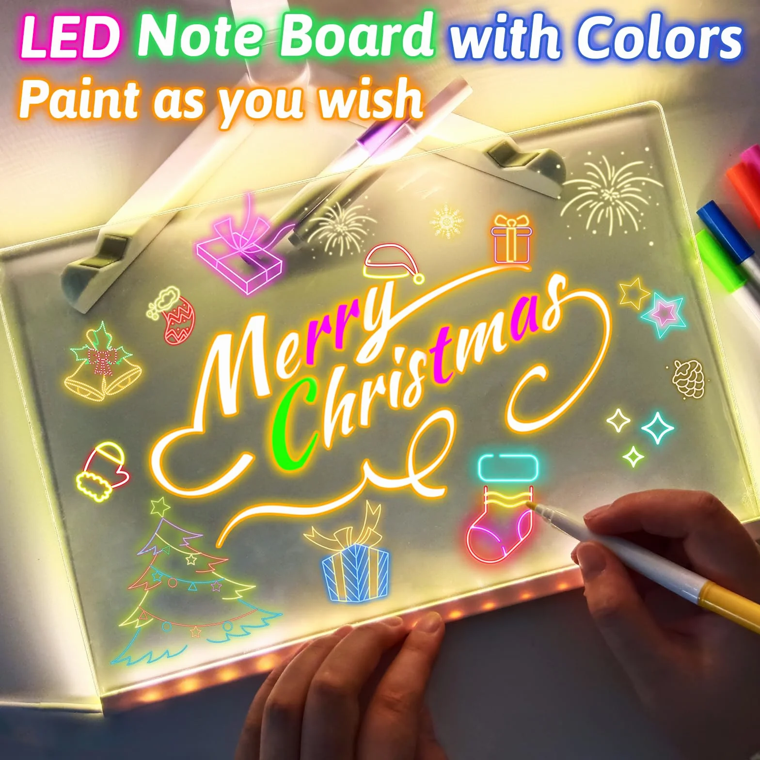 Tablica na notatki LED, 30 x 20 cm, podświetlana akrylowa tablica komunikatów LED, tablica do rysowania LED, suchościeralna tablica biurkowa na notatki, podświetlany notatnik z podstawką