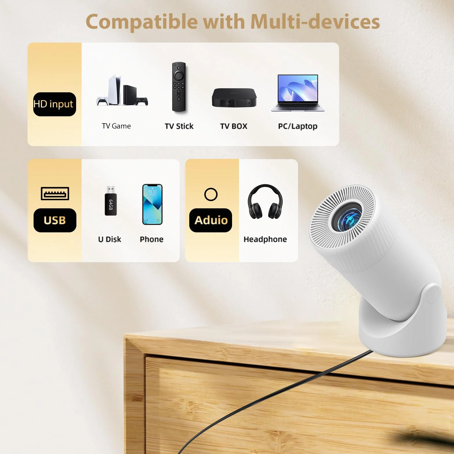 Projektor XL2-23E 4K Mini Inteligentny z Wi-Fi 6 5G Bluetooth Automatyczna Korekcja Trapezu