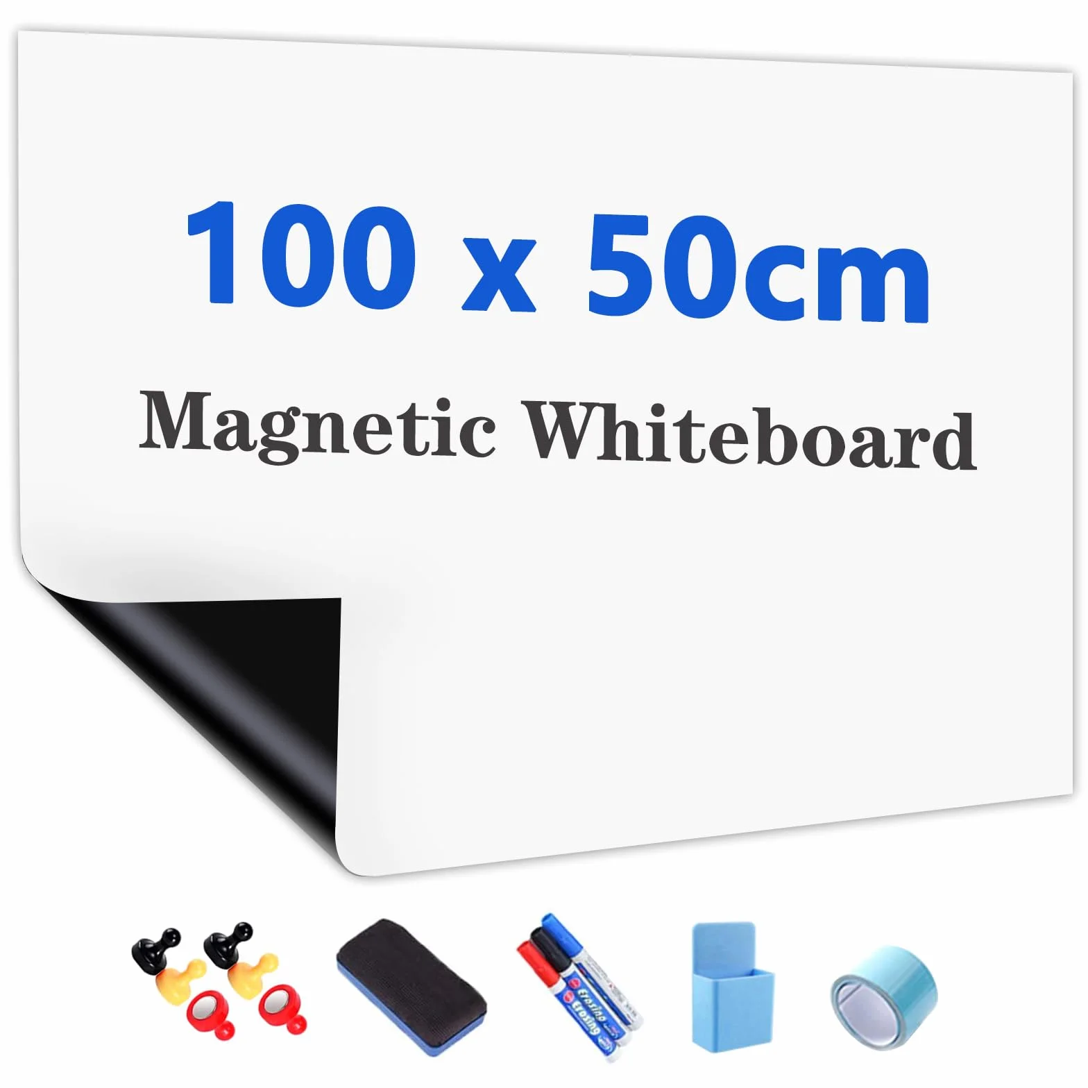 JOMUSAGA Magnetyczny papier do tablic suchościeralnych, 100 x 50 cm, samoprzylepny arkusz suchościeralny, folia suchościeralna na ścianę, z pisakami do wycierania na sucho, gumką i magnesami, idealny