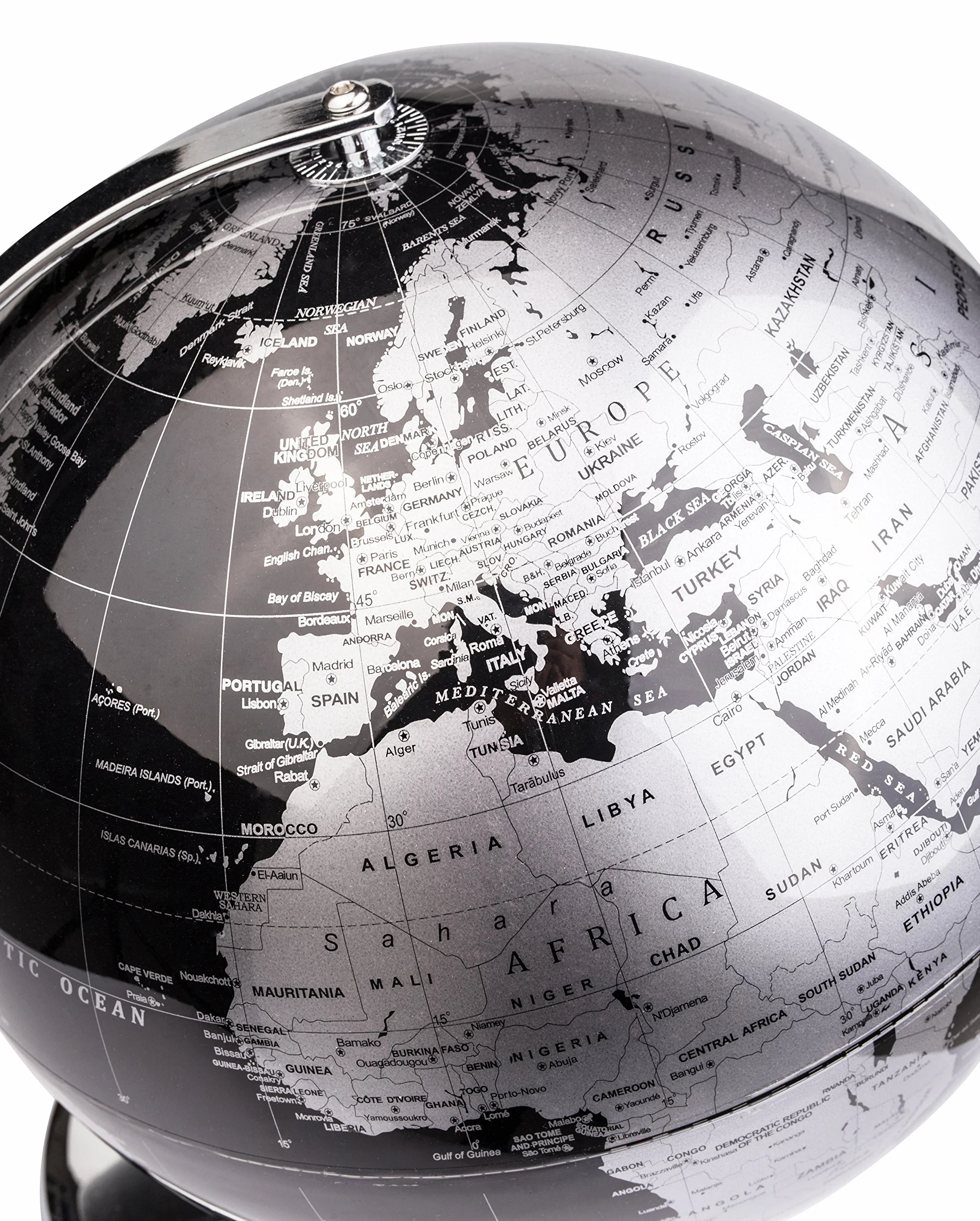Globus światowy 25 cm z metalową podstawą - edukacyjny geograficzny globus Ziemi, metaliczny czarny