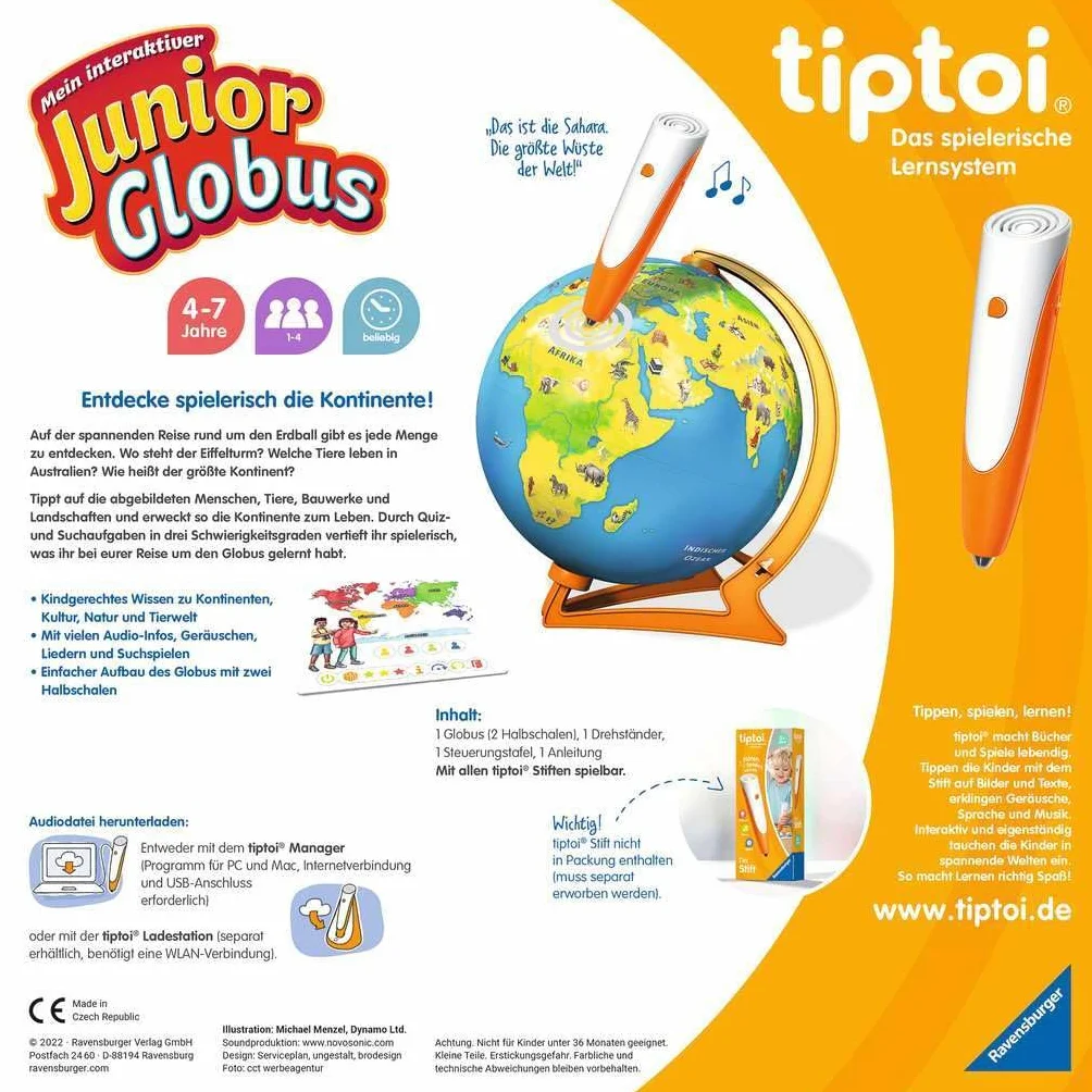 Ravensburger tiptoi 00115 - Mein interaktiver Junior Globus - Kinderspielzeug ab 4 Jahren: Entdecke spielerisch die Kontinente!