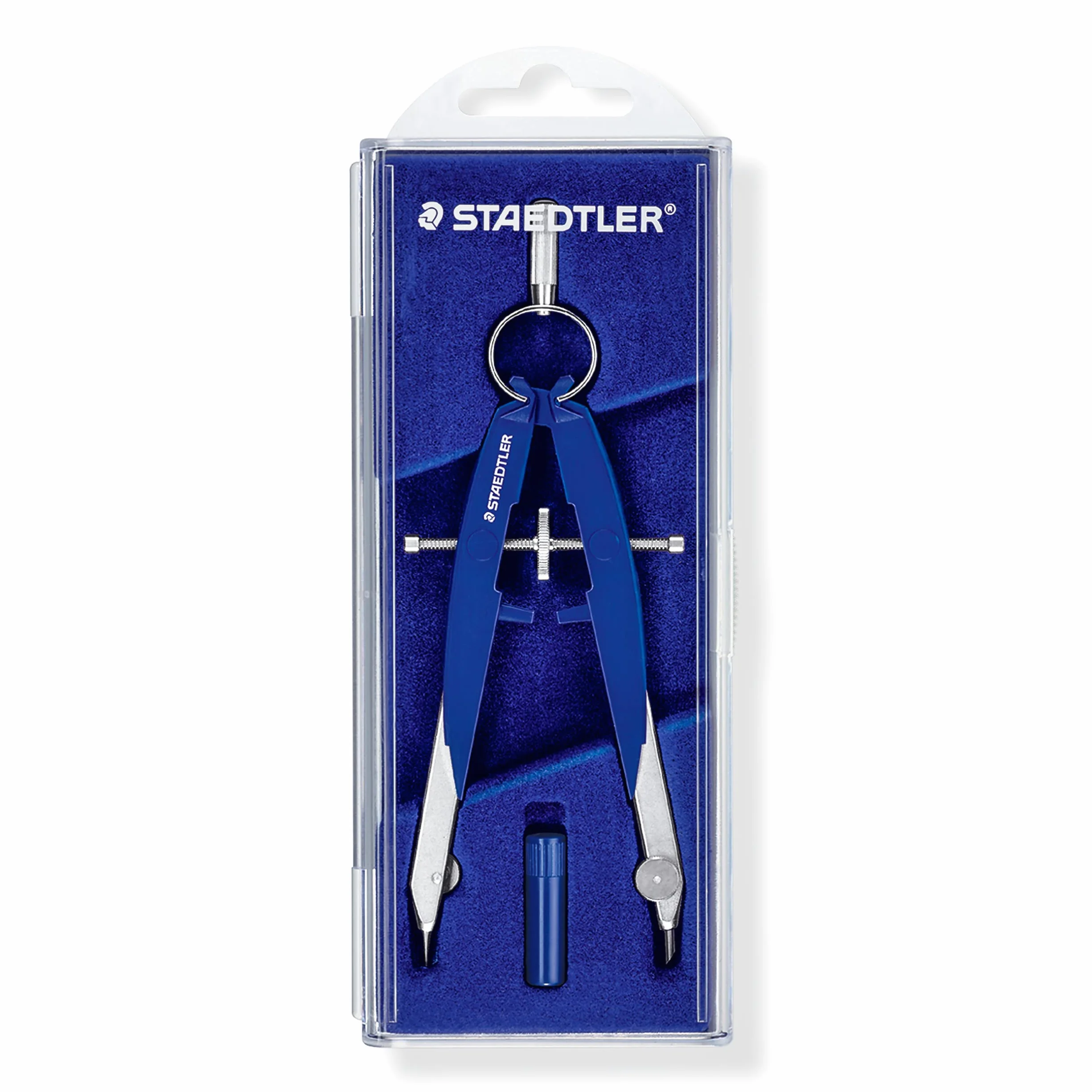 STAEDTLER Mars Comfort 556 00 kompas z prowadnicą wrzeciona, centralne wrzeciono napędowe, dokładny i precyzyjny, niebiesko-srebrny, stabilna obudowa z klapką, 2-częściowy zestaw (opakowanie może się