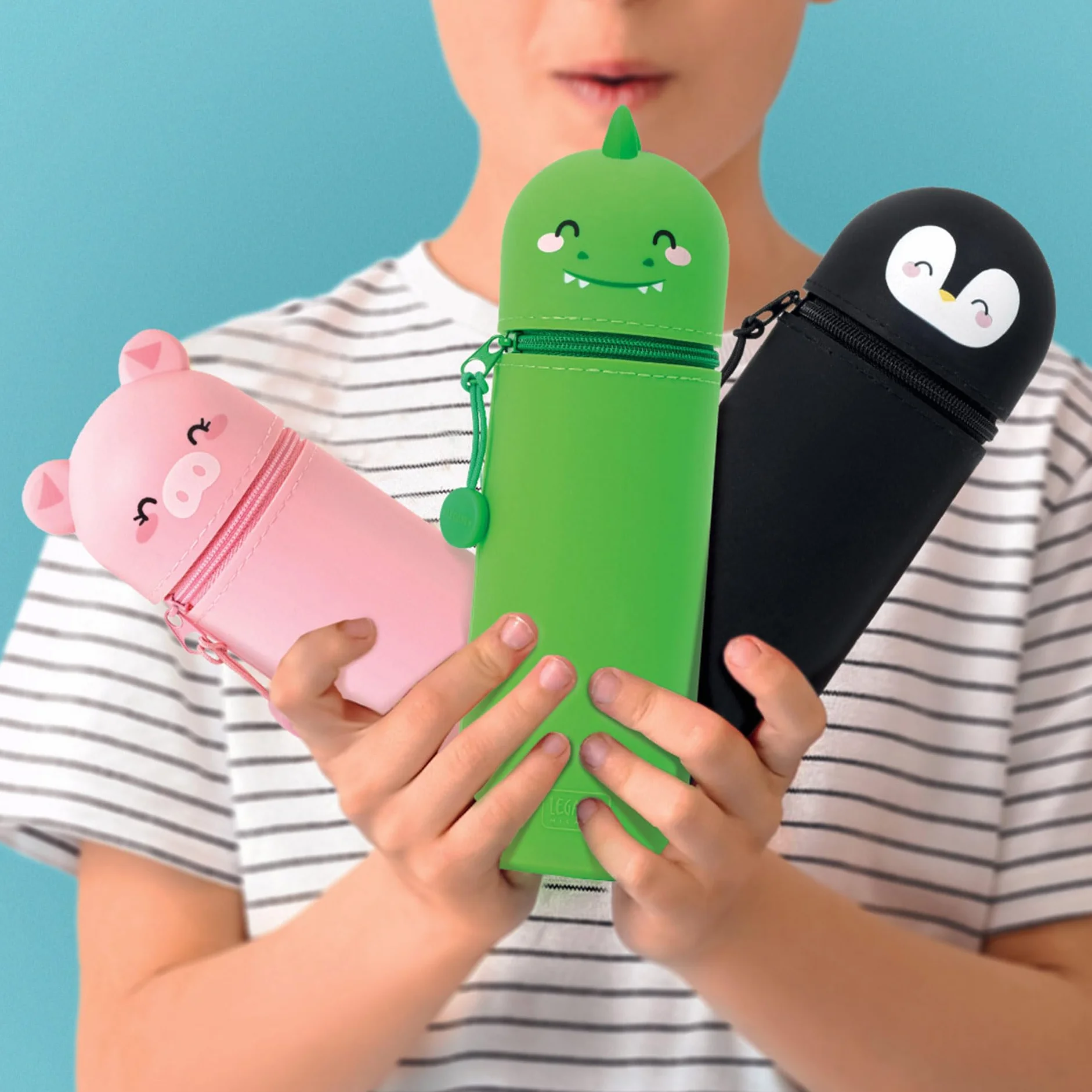 Legami - Piórnik 2 w 1 z miękkiego silikonu, Kawaii, uchwyt na długopisy, z zamkiem błyskawicznym, Ø 6,3 cm, szary, nowoczesny, szary, Nowoczesny
