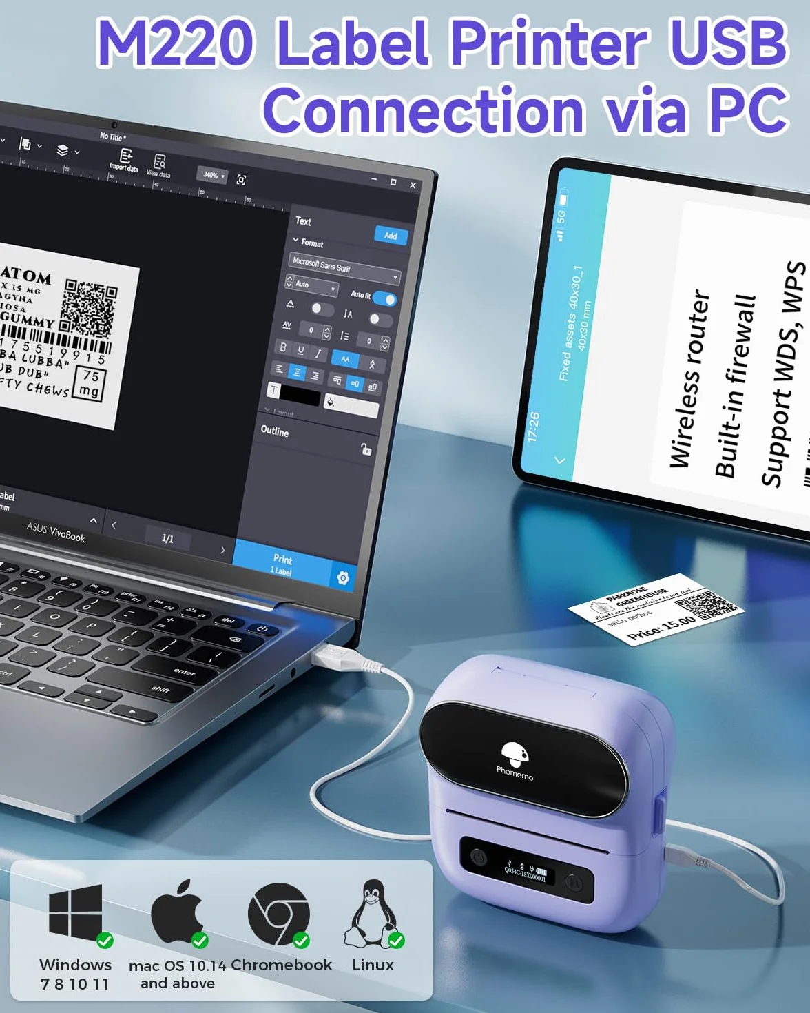 Phomemo M220 termiczna drukarka etykiet Bluetooth przenośna bezprzewodowa fioletowa