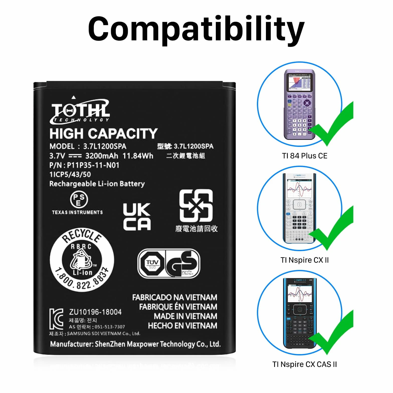 Akumulator TI-84 Plus CE, 3,7 V akumulator zamienny do Texas Instruments TI-84 Plus C E, TI-8 4 CE/TI-Nspire CX II, nr części 3.7L1200SPA P11P35-11-N01