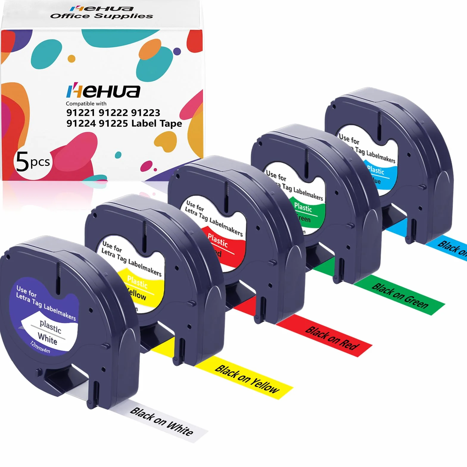 5x hehua Letra Tag 12mm x 4m Kompatybilna z Taśmami do Etykiet Dymo 91221 91222 91223 91224 91225, do Letra tag xr Taśma do etykiet LT110T LT100H QX50 LT100T XR XM 2000 Plus