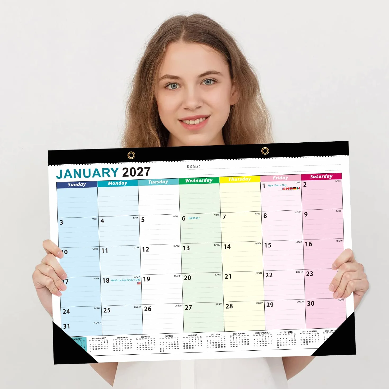 Kalendarz ścienny 2026-2027, 18 miesięczny kalendarz ścienny A3, styczeń 2026-lipiec 2027, gruby papier 120 g/m², duże bloki w linie, idealny do planowania domu lub biura, przypomnienie o wakacjach