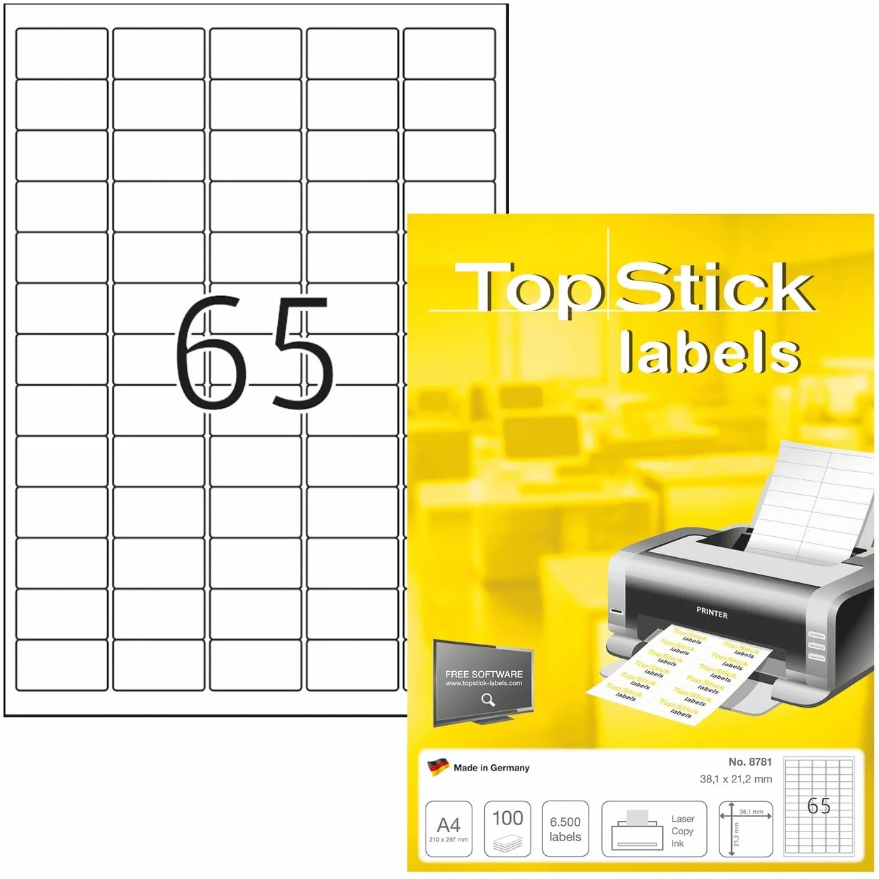 TopStick 8781 naklejki adresowe DIN A4 (38,1 x 21,2 mm, 100 arkuszy, papier, matowy) samoprzylepne, do zadrukowania, trwałe etykiety uniwersalne, 6500 etykiet samoprzylepnych, białe