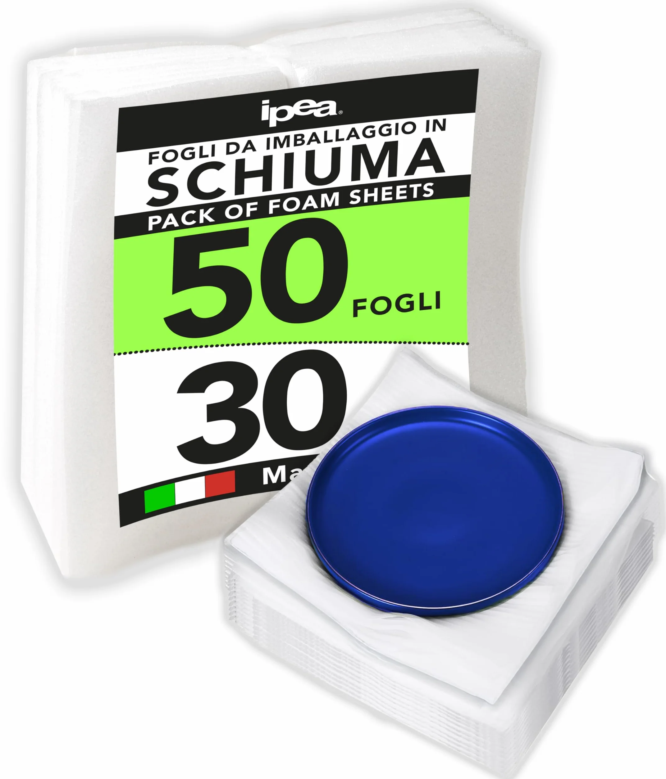 IPEA Arkusze z pianki poliuretanowej do wbijania i ochrony - 50 sztuk - Wyprodukowano we Włoszech - 30 x 30 cm - arkusz na talerze, kubki, delikatne przedmioty - wysyłka i przeprowadzka