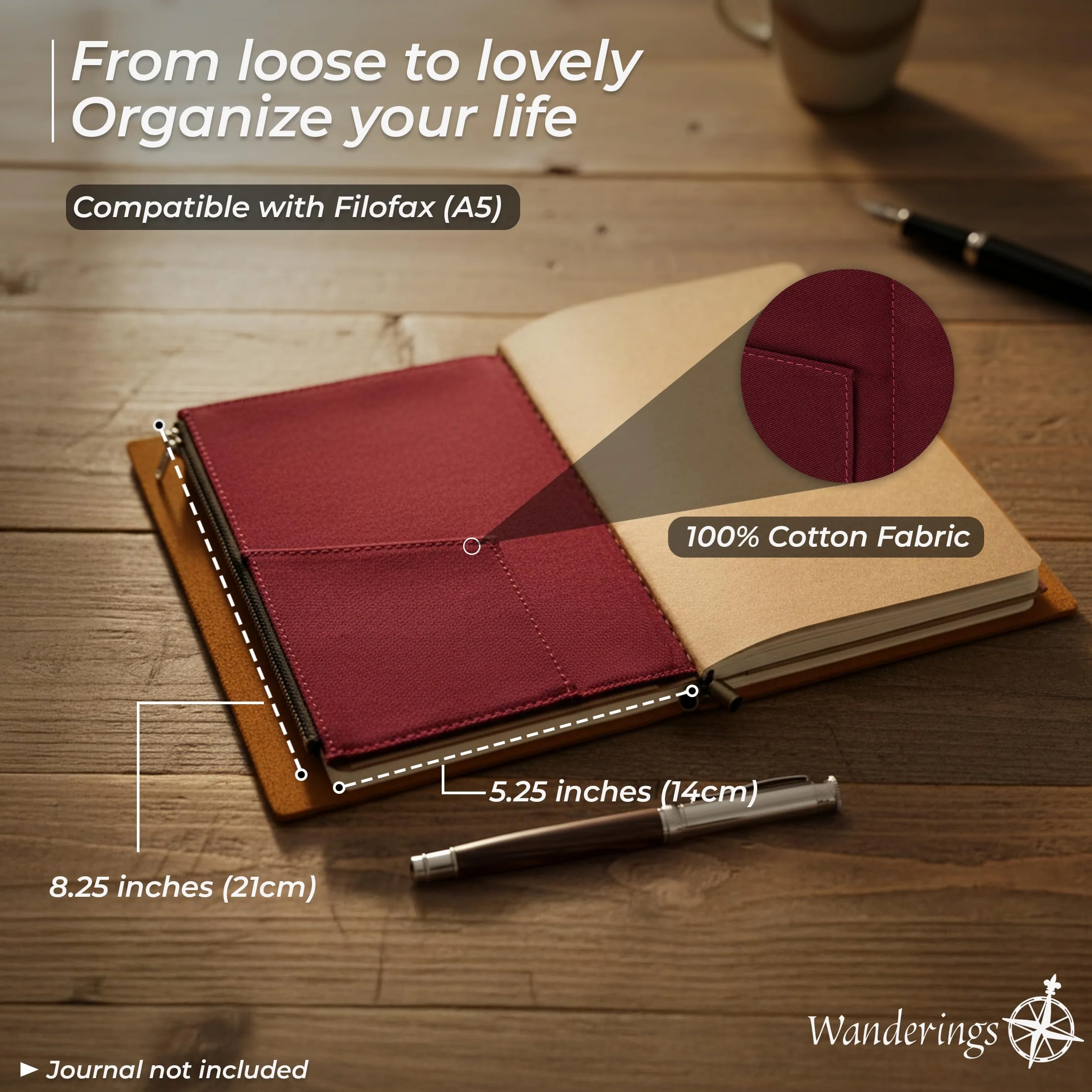 Wanderings Etui Na Zamek Z Kieszonkami Na Karty – Akcesorium Do Notatników Podróżnych – Format A5 – 14 x 21 cm / 5,25" x 8,25" – Trwałe Etui Z Bawełny 100% Dla Planerów I Notesów