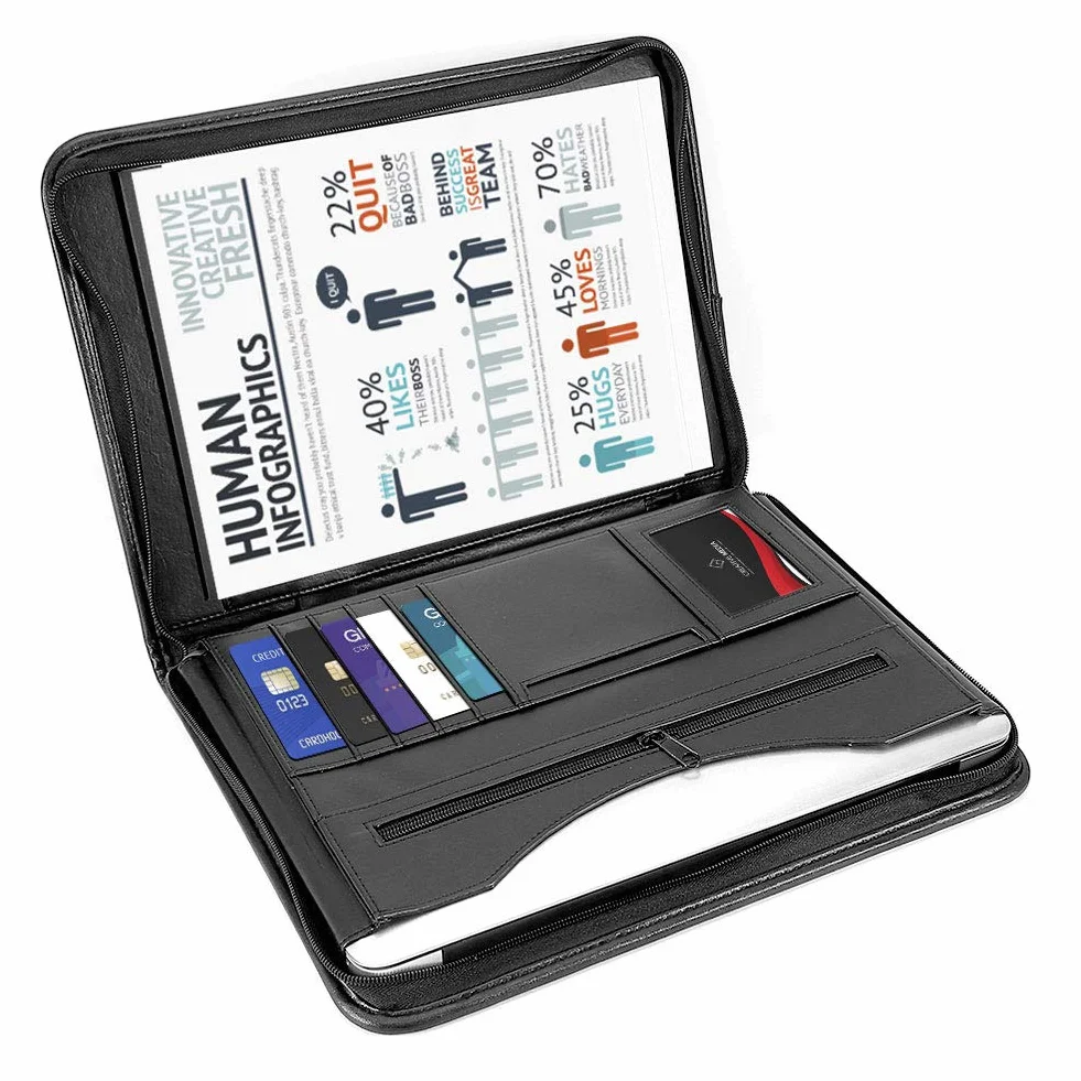 Greensen A4 Konferenzmappe PU Leder Schreibmappe Schwarz Dokumenten-Tasche mit Reißverschluss Schreibblock mit Fächern Dokumentenmappe Idealer Dokumenten Organizer