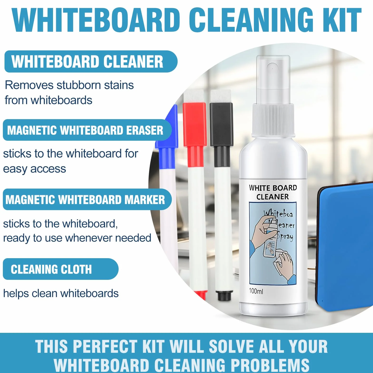 Spray do czyszczenia tablic białych Whiteboard Cleaner z magnetyczną tablicą i 3 markerami