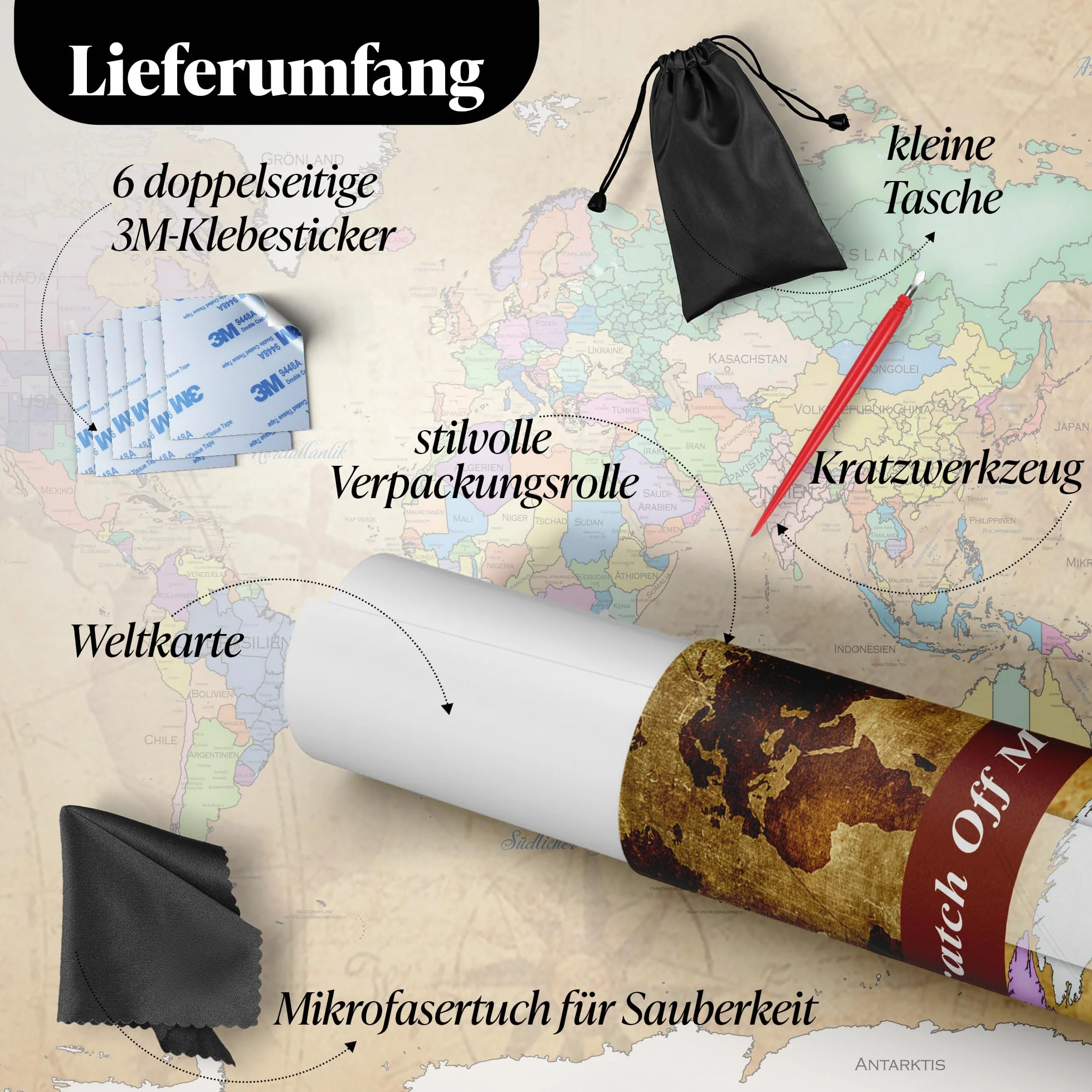 FlyHigh Mapa świata XXL do zdrapywania w języku niemieckim (82 x 60 cm) wraz z naklejkami, narzędziem do zdrapywania i ściereczką z mikrofibry (złoty)