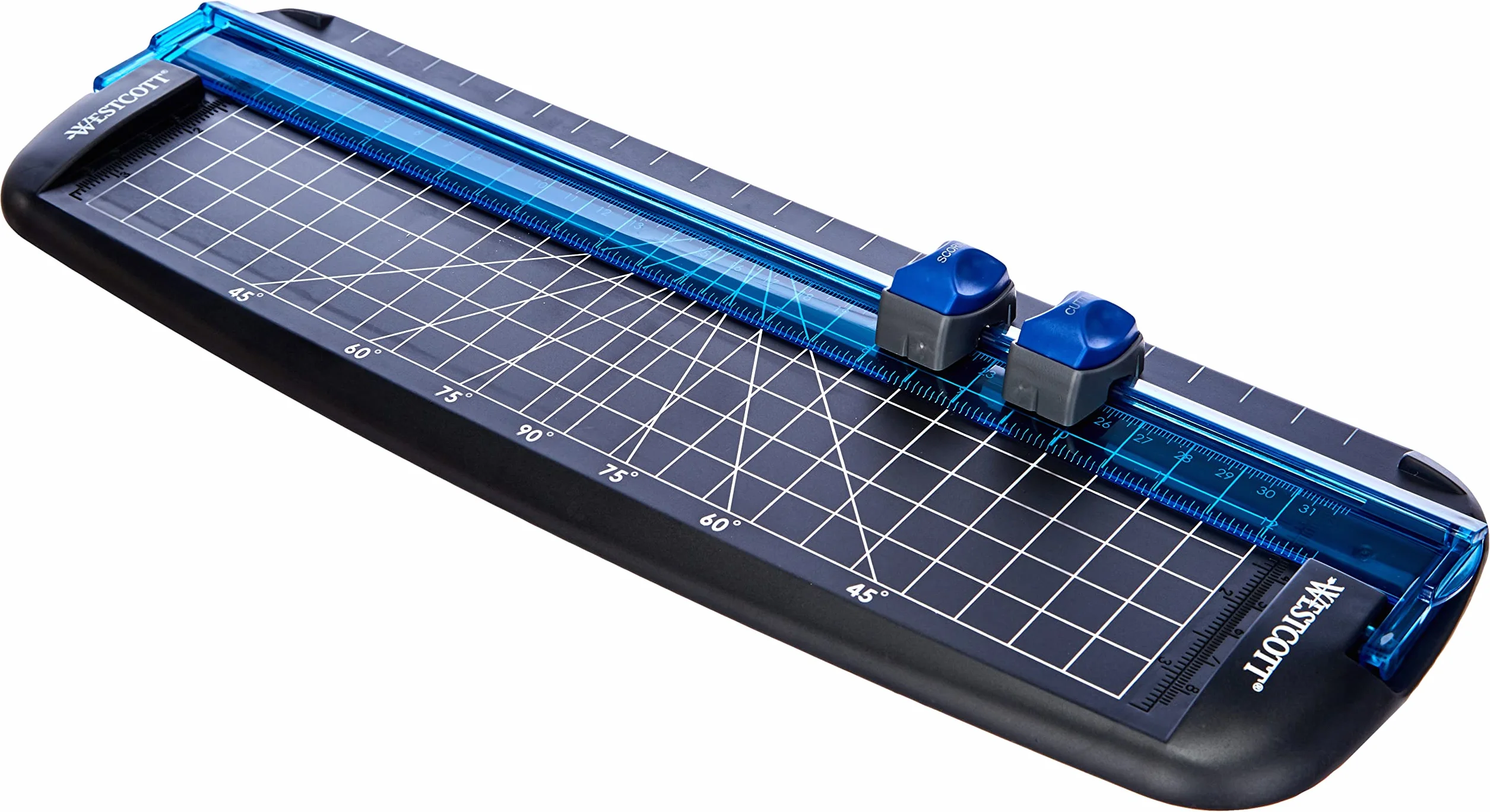Westcott E-15804 00 maszynka do cięcia papieru, długość cięcia 30 cm ze standardowym ostrzem i składanym ostrzem, czarna/niebieska