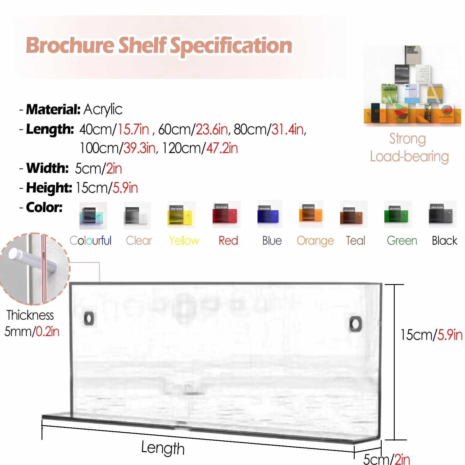Clear Acrylic Wall Mount Magazine Holder Brochure Rack, Green Bookshelf Stand Literature Storage Shelf (40x5x15cm)