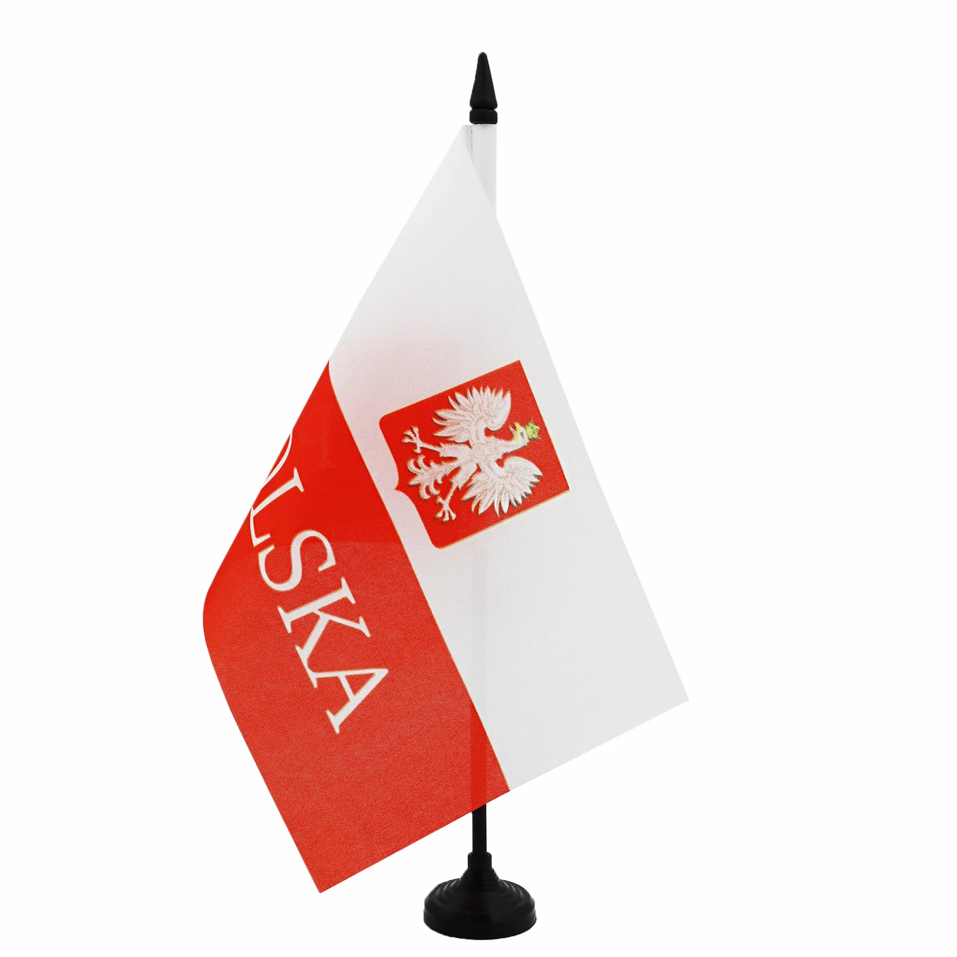 AZ FLAG - Polska flaga stołowa z orłem alternatywnym 21x14 cm - Mała flaga biurowa 100% poliester z 25 cm drążkiem i czarną plastikową podstawą
