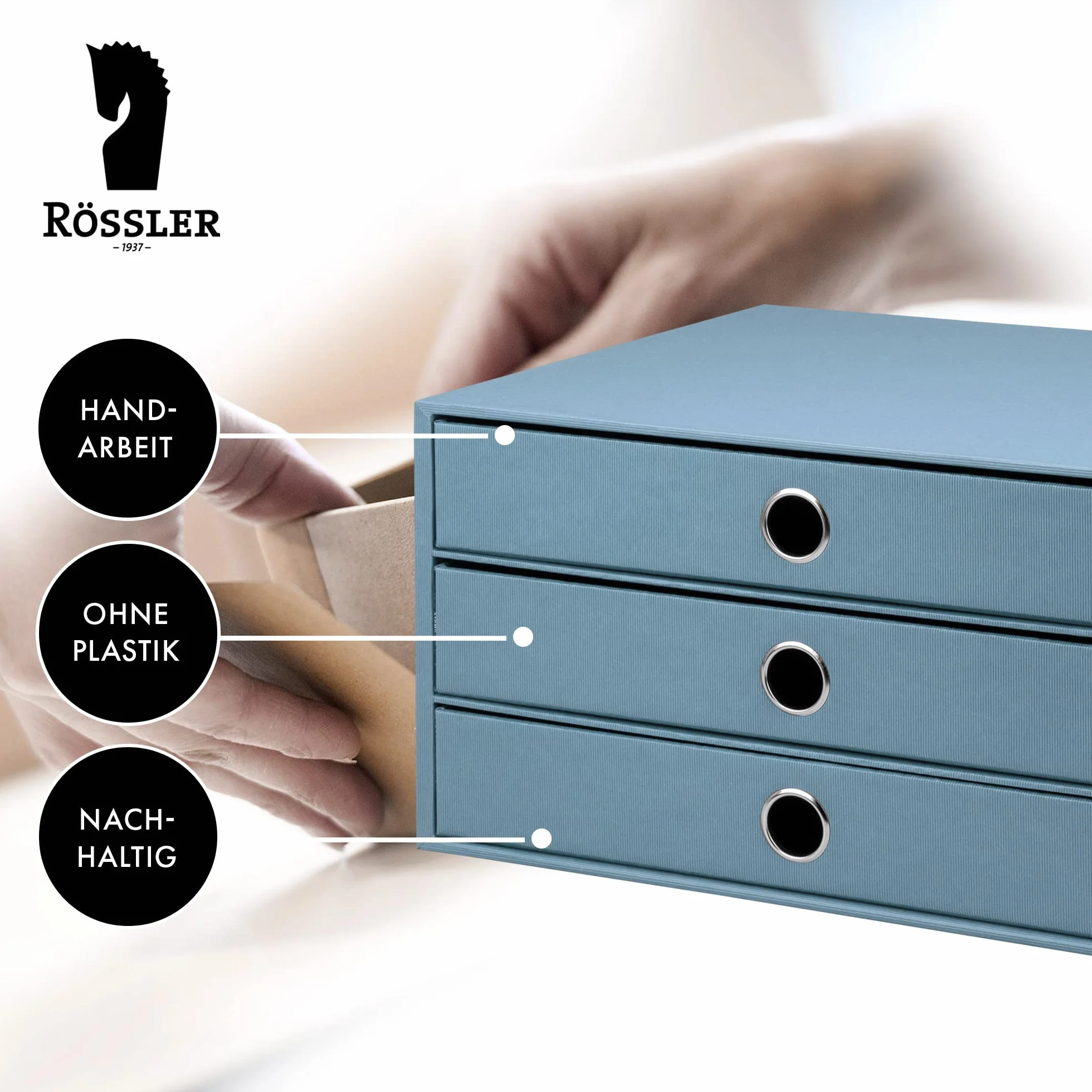 Rössler Papier 1524452153 - S.O.H.O. 3-szufladowe pudełko na DIN A4, z otworem na uchwyt, denim, 343 x 250 x 185 mm, 1 szt.