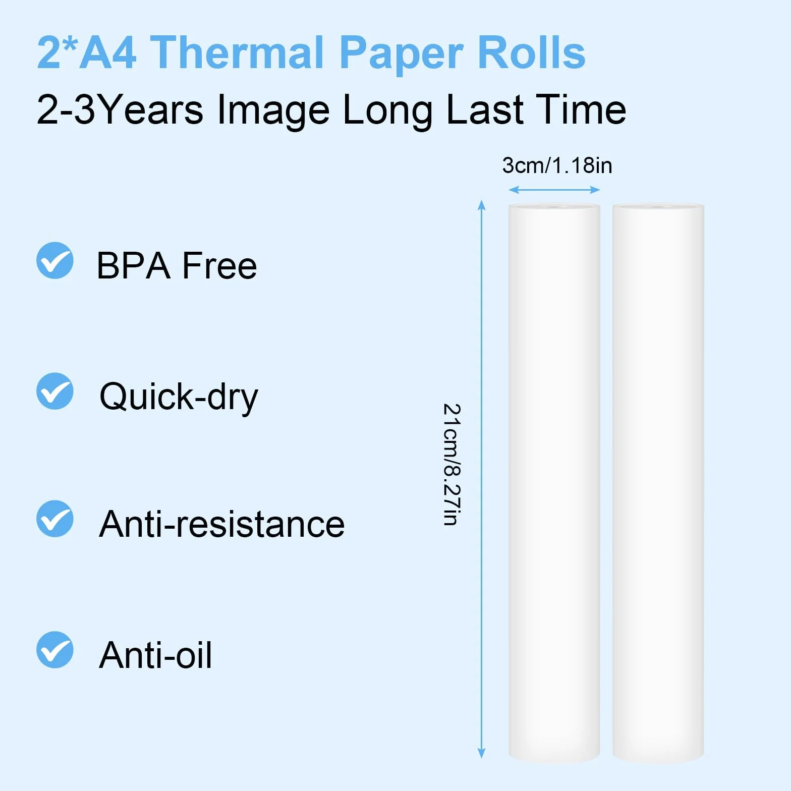 Papier termiczny A4 do przenośnej drukarki A4, GuKKK 2 rolki, szybkoschnący papier termiczny, 210 x 297 mm, super biały, wysoka nieprzejrzystość (ok. 50 arkuszy) (2)