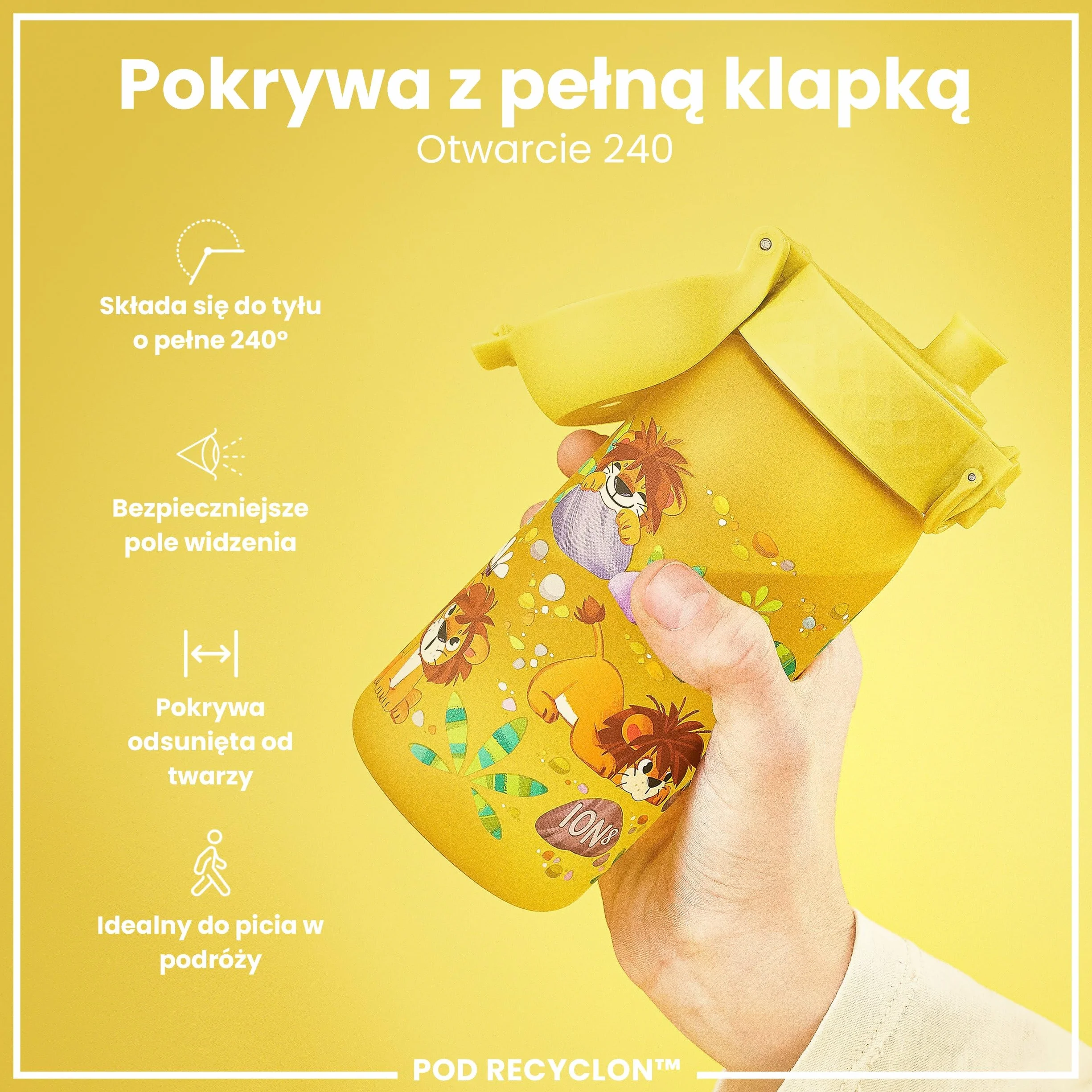 ION8 Butelka dla Dzieci, 350 ml/12 oz, Szczelna, Łatwa do Otwarcia, Bezpieczny Zamek, Można Myć w Zmywarce, Bez BPA, Uchwyt do Przenoszenia, Łatwa do Czyszczenia, Bezwonny, Lwiątka