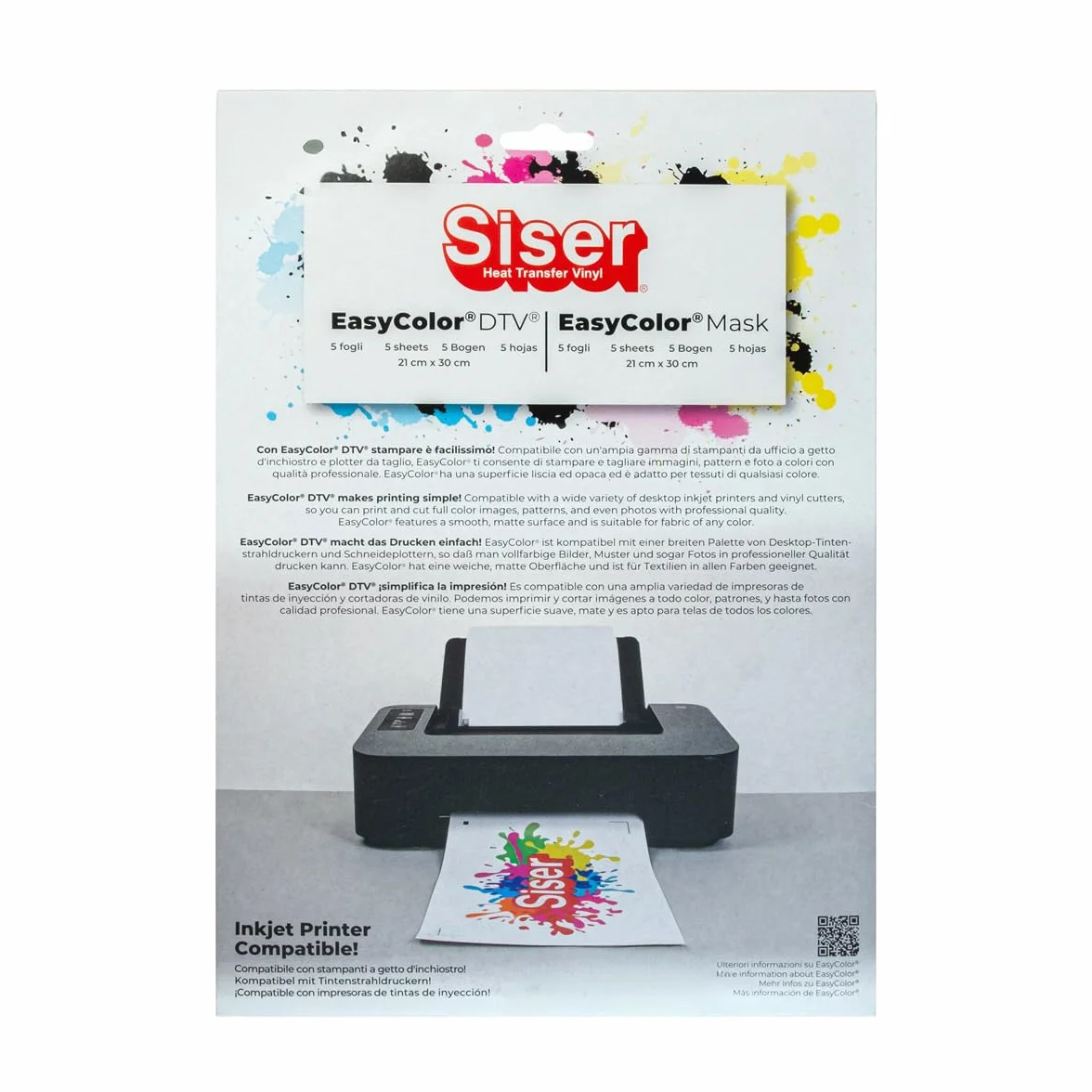Siser Easy Color DTV Pack 5+5, termotransferowy winyl do druku atramentowego, 5 arkuszy A4 Easy Color i 5 arkuszy A4 z taśmą aplikacyjną