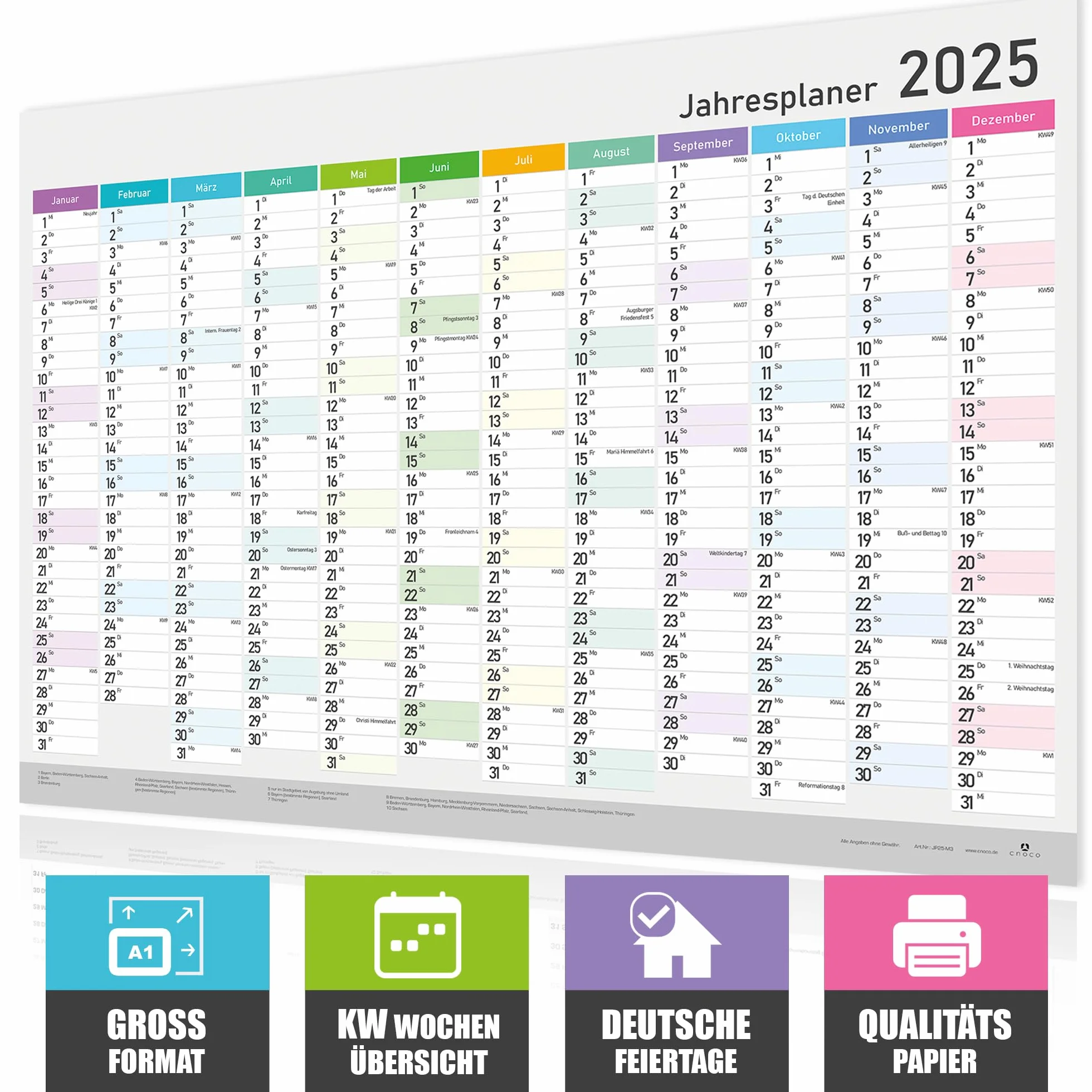 Kalendarz roczny XXL 2025 – kalendarz ścienny – planer roczny A1 (84 x 59 cm), planer ścienny z tygodniami kalendarzowymi, świętami – duży format do biura, rodziny i szkoły, kalendarz ścienny