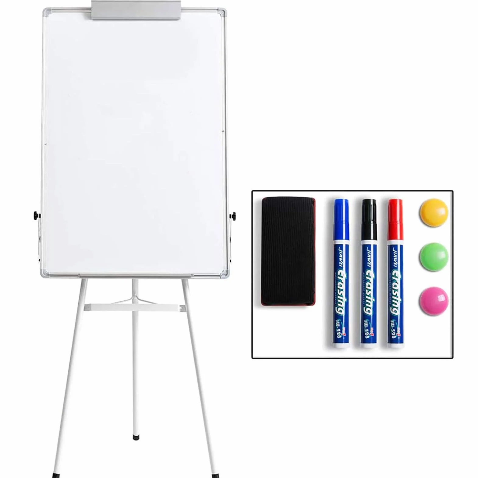 DOEWORKS Tablica suchościeralna, 90 x 60 cm, suchościeralna, magnetyczna, biała tablica, flipchart, regulowana wysokość i składana tablica do domu, szkoły, biura, biała