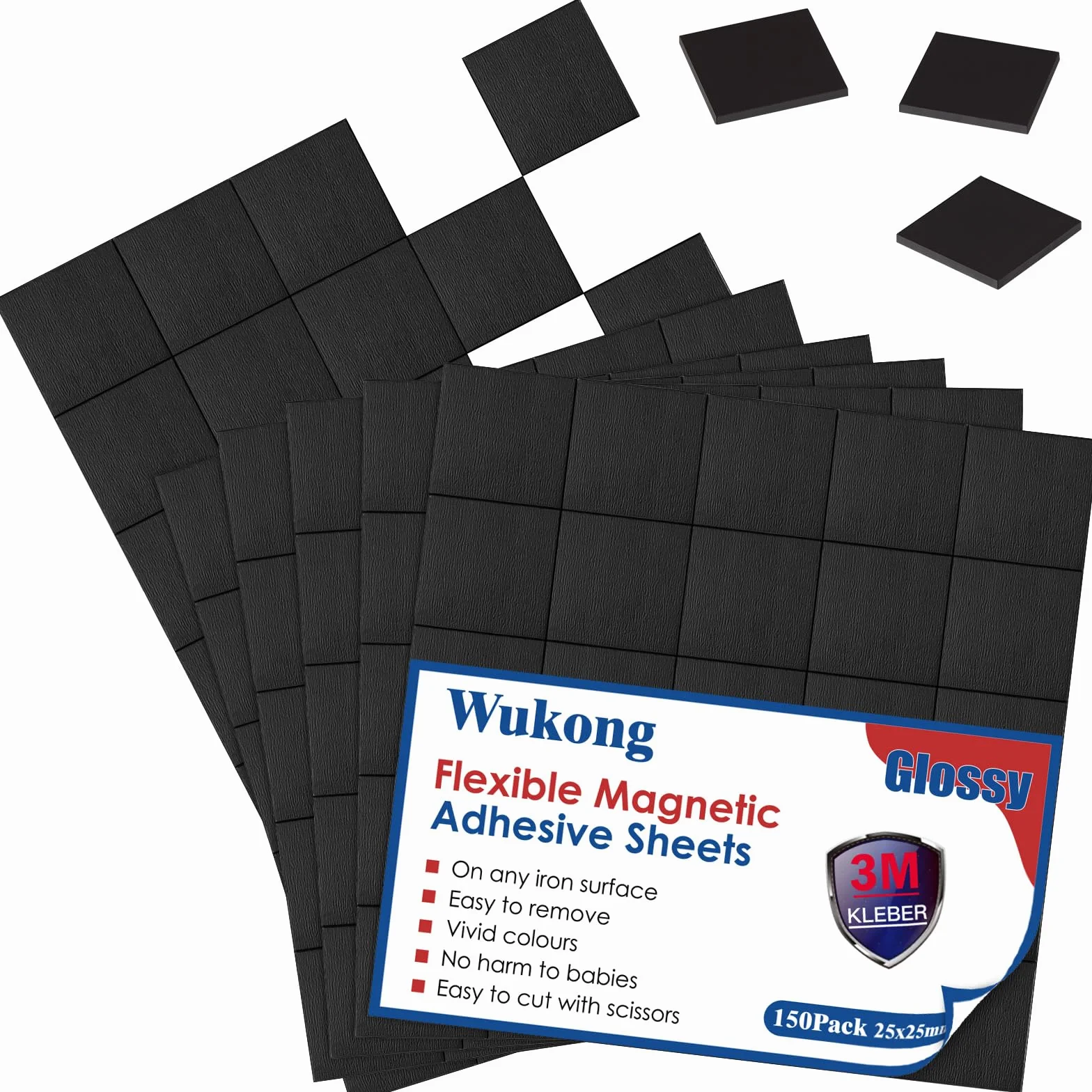 Wukong 25 x 25 mm Płyty magnetyczne samoprzylepne, opakowanie 150 sztuk, klej 3M, magnesy samoprzylepne, płaskie magnesy, elastyczna taśma magnetyczna, samoprzylepne do zdjęć i nie tylko