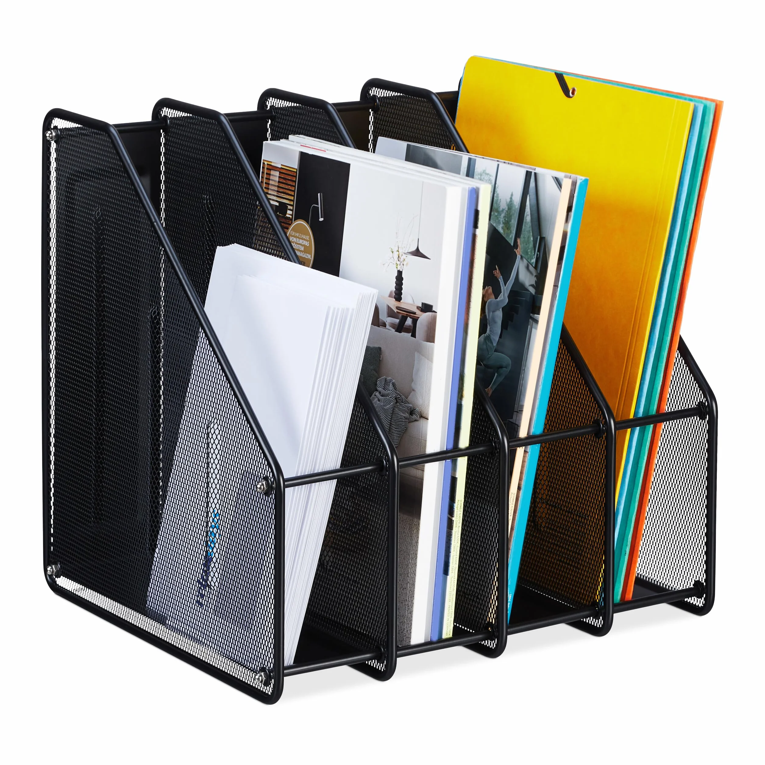 Relaxdays Organizer stojący, format A4, 4 przegródki, siatka, wys. x gł.: 31,5 x 32 x 29 cm, biuro i biuro domowe, segregator stojący, metal, czarny