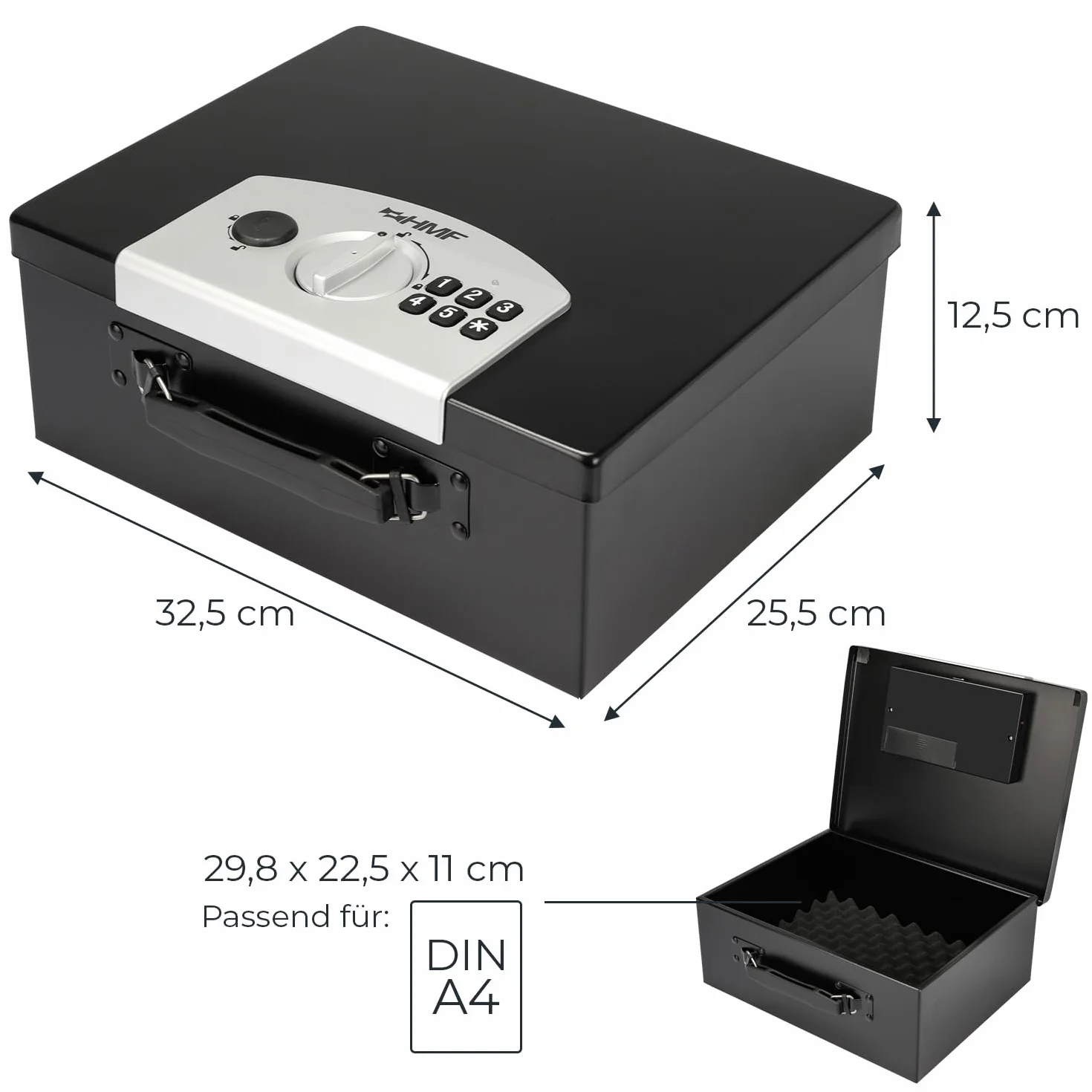 HMF 1006-02 Pudełko na dokumenty z zamkiem elektronicznym | 32,5 x 25,5 x 12,5 cm | DIN A4 | czarne