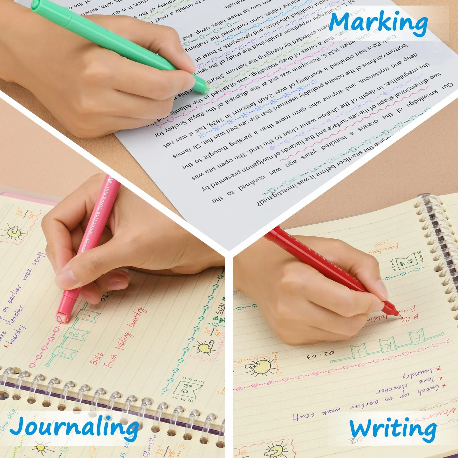 AECHY 18 Color Curve Pen do robienia notatek, dwugłowicowy długopis z 18 różnymi kształtami krzywych i 18 kolorami cienkich linii, zestaw do prowadzenia pamiętnika i notatek
