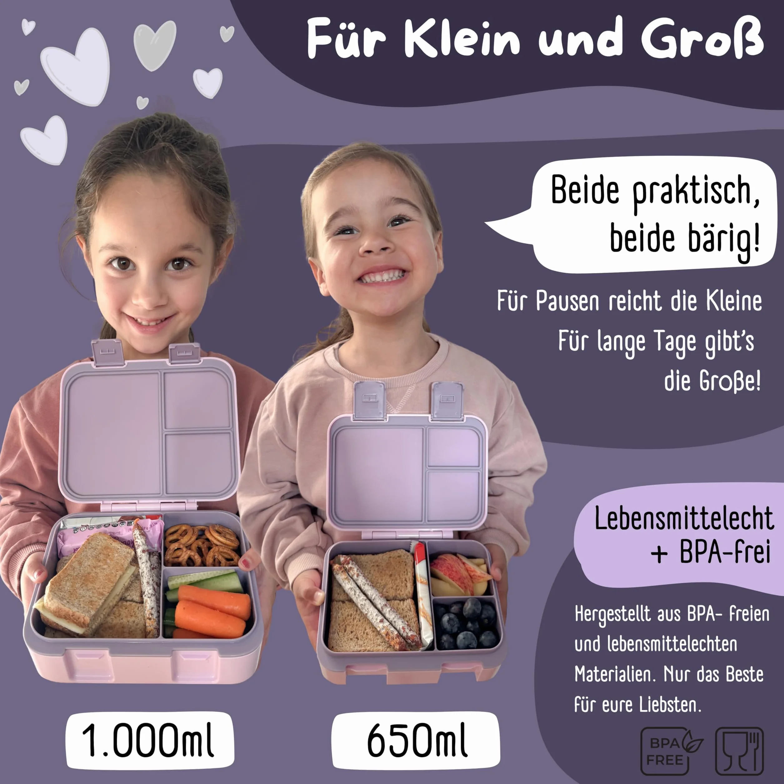BEARFOOT Bento Box COMPACT pudełko śniadaniowe dla dzieci, bez BPA, szczelne, fioletowe jednorożec