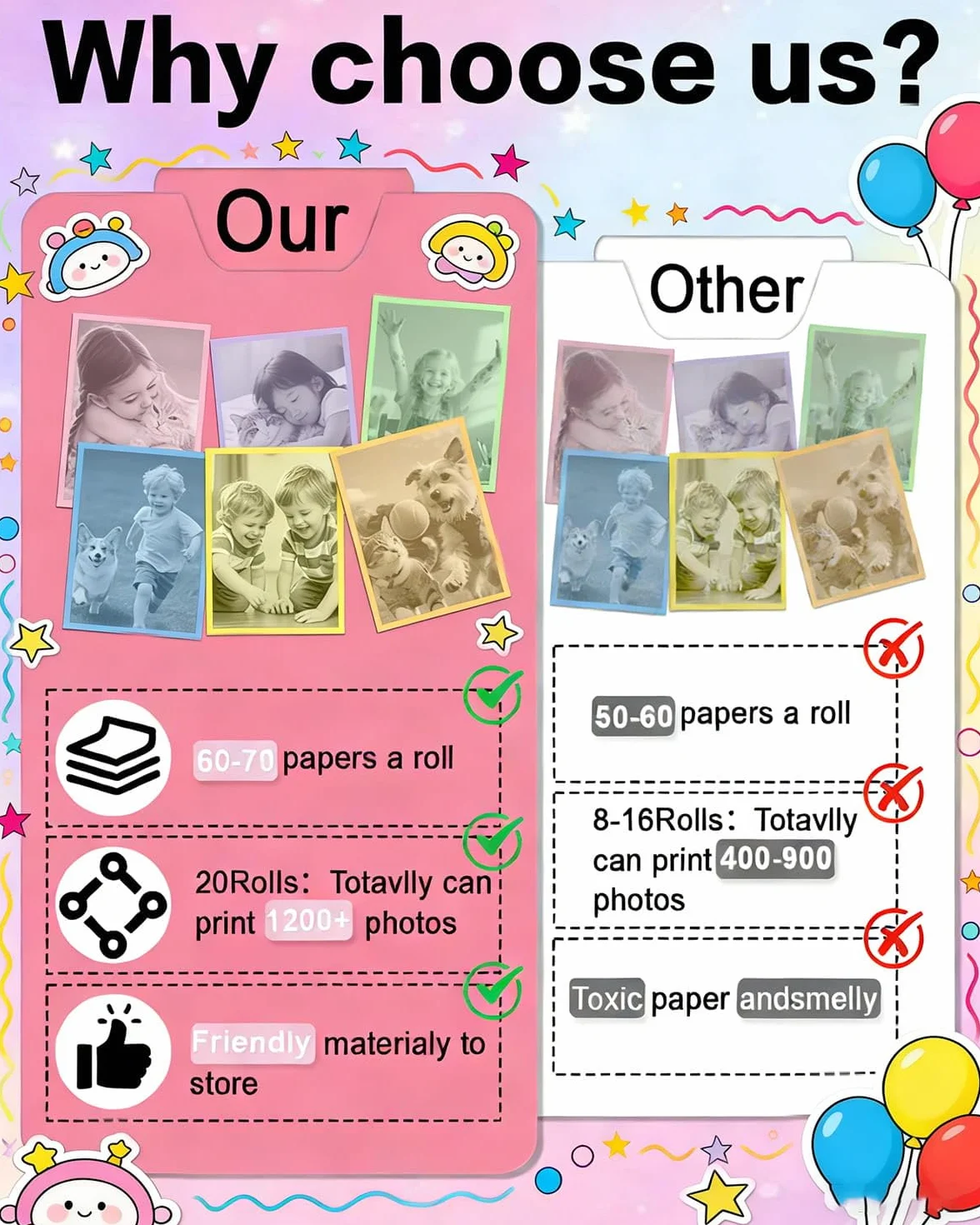 20 rolek natychmiastowego wkładu do aparatu fotograficznego, wkład papieru HD Kidizoom do aparatu fotograficznego dla większości dzieci, aparat natychmiastowy, bez BPA, 2,5 cm x 5,7 cm