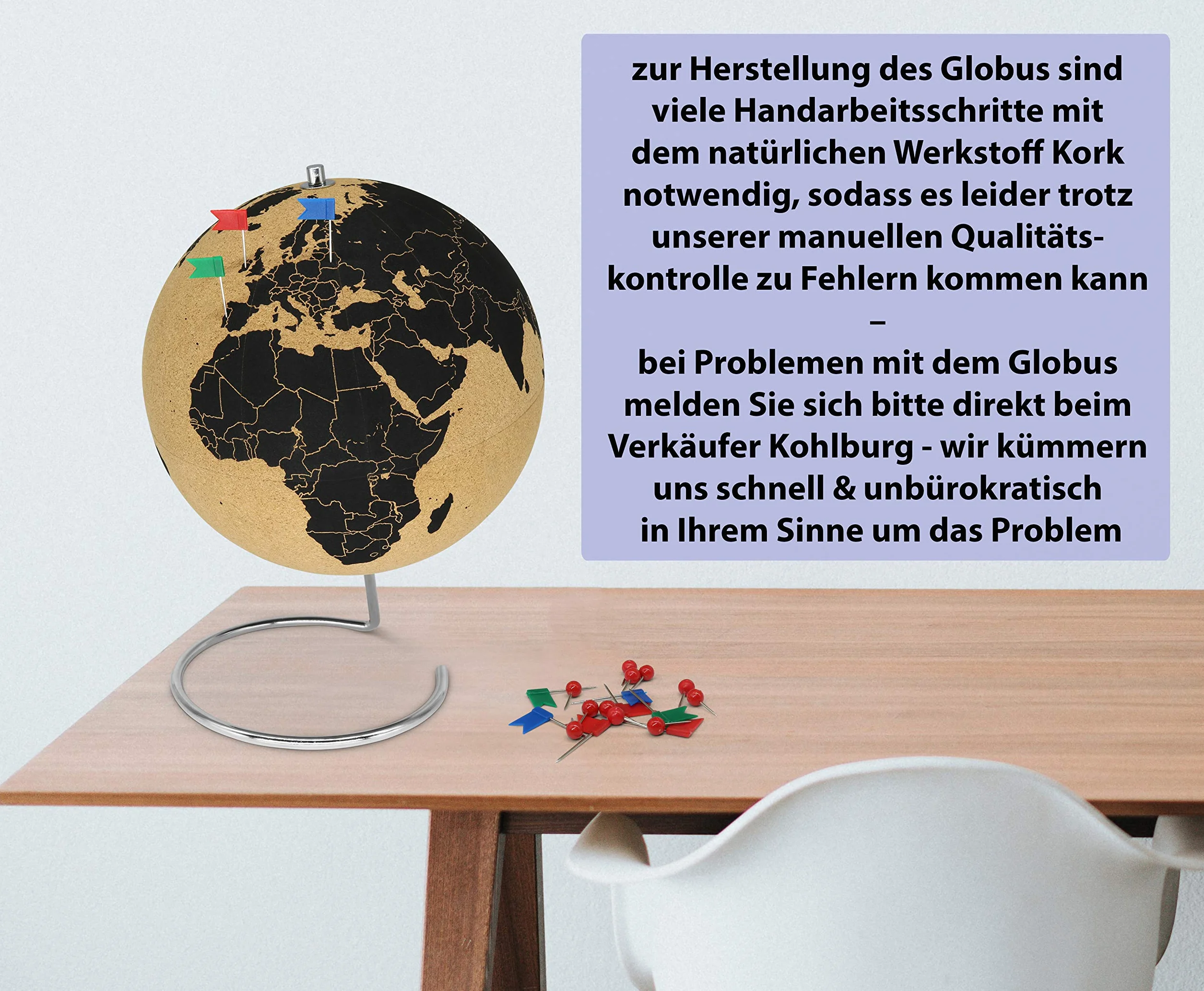 Kula korkowa przezroczysta z 54 różnymi pinami – globus obrotowy 33 cm wysokości z korka – globus jako pomysł na prezent dla globusów