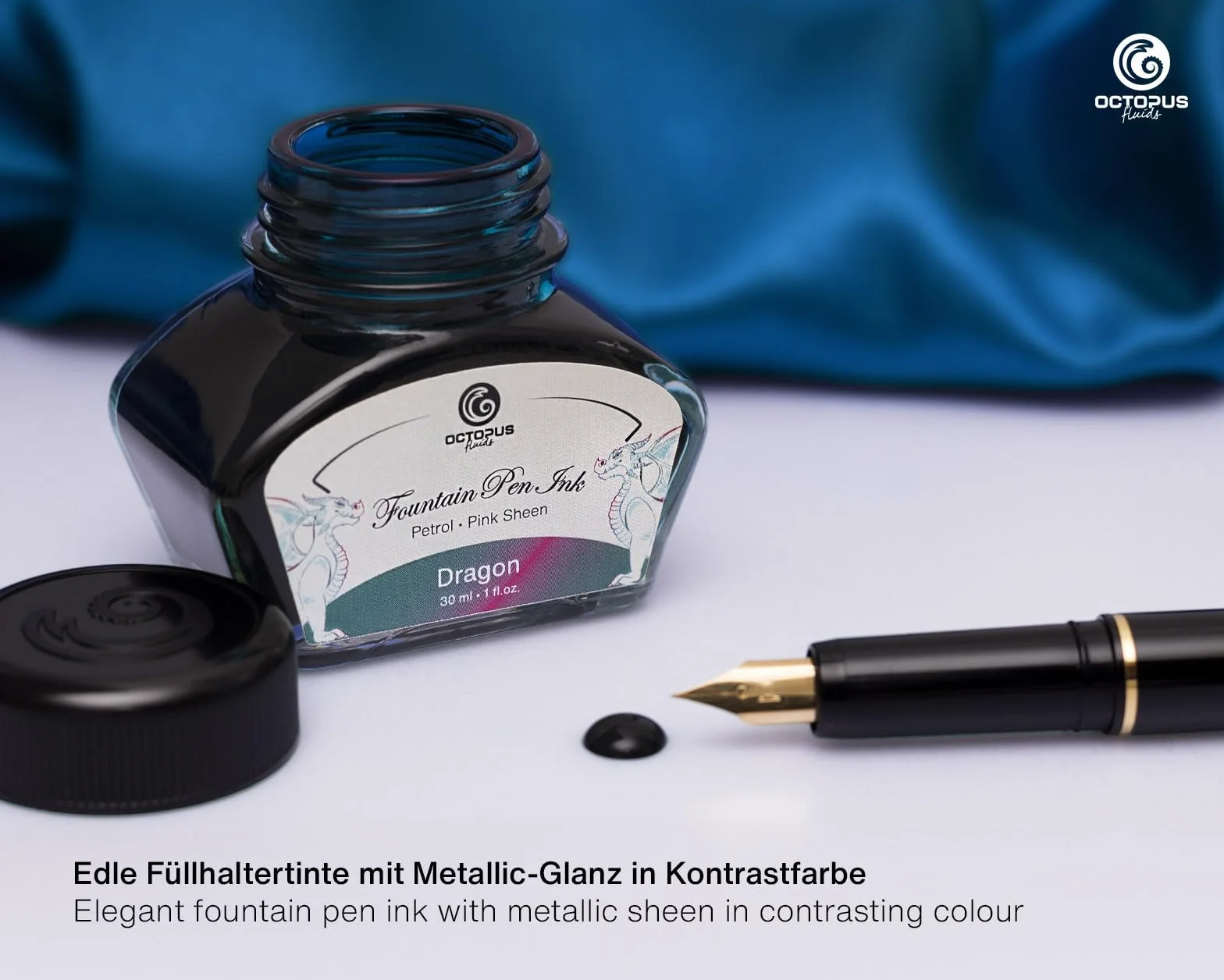 Octopus Fluids Dragon Sheen Ink, atrament do piór wiecznych w kałamarzu, atrament Sheen, petrol, 30 ml, Smok