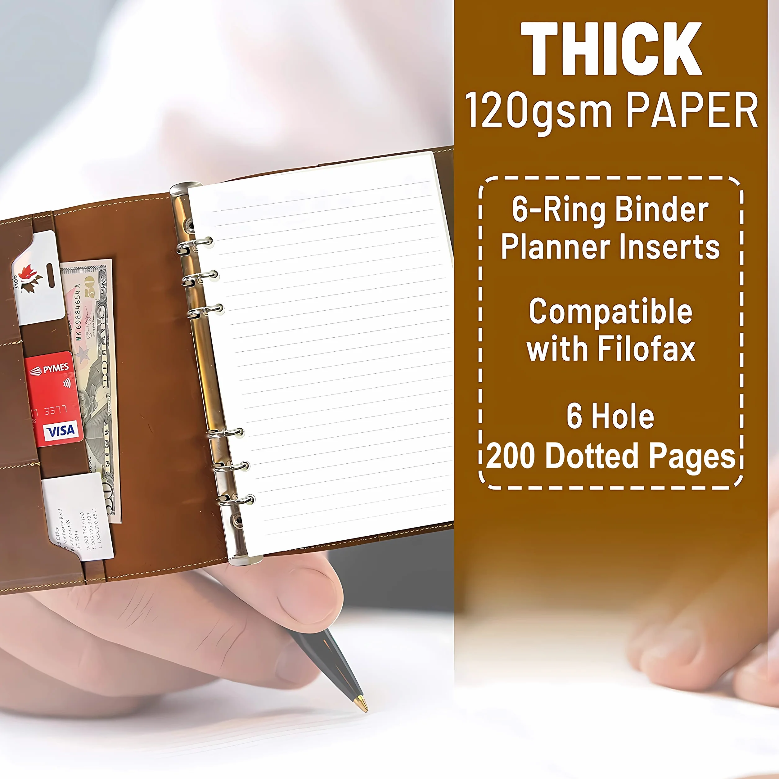 Wkładki Do Planowania Segregatorów A5 6-21X14,2 Cm - Gruby Kremowy 120 Luźnych Wkładów W Kropki, Papier A5 Kompatybilny Z Filofax, 6 Otworów, 100 Arkuszy, 200 Stron Z Siatką