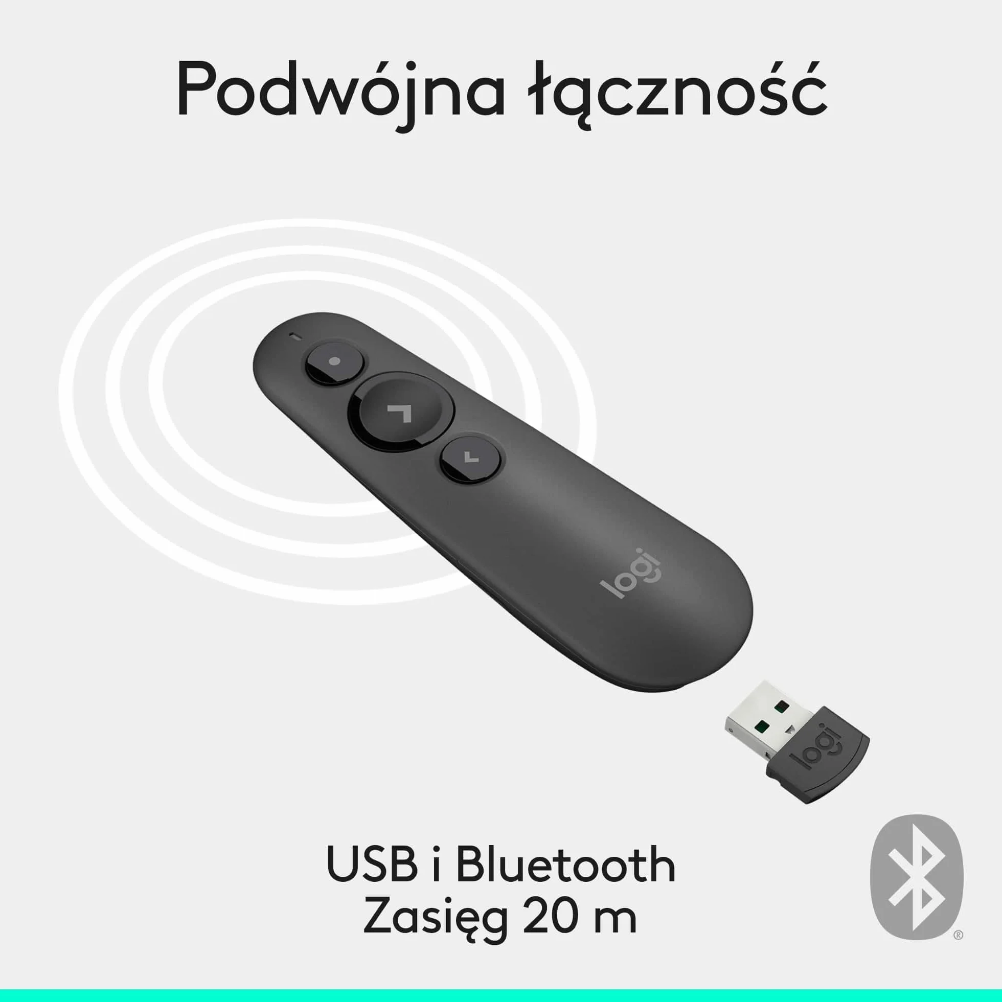 Logitech R500s Laserowy wskaźnik/Pilot do prezentacji (Klasa 1) – Bluetooth i USB; uniwersalna kompatybilność, inteligentna bateria: 12 miesięcy użytkowania -Ciemno szary