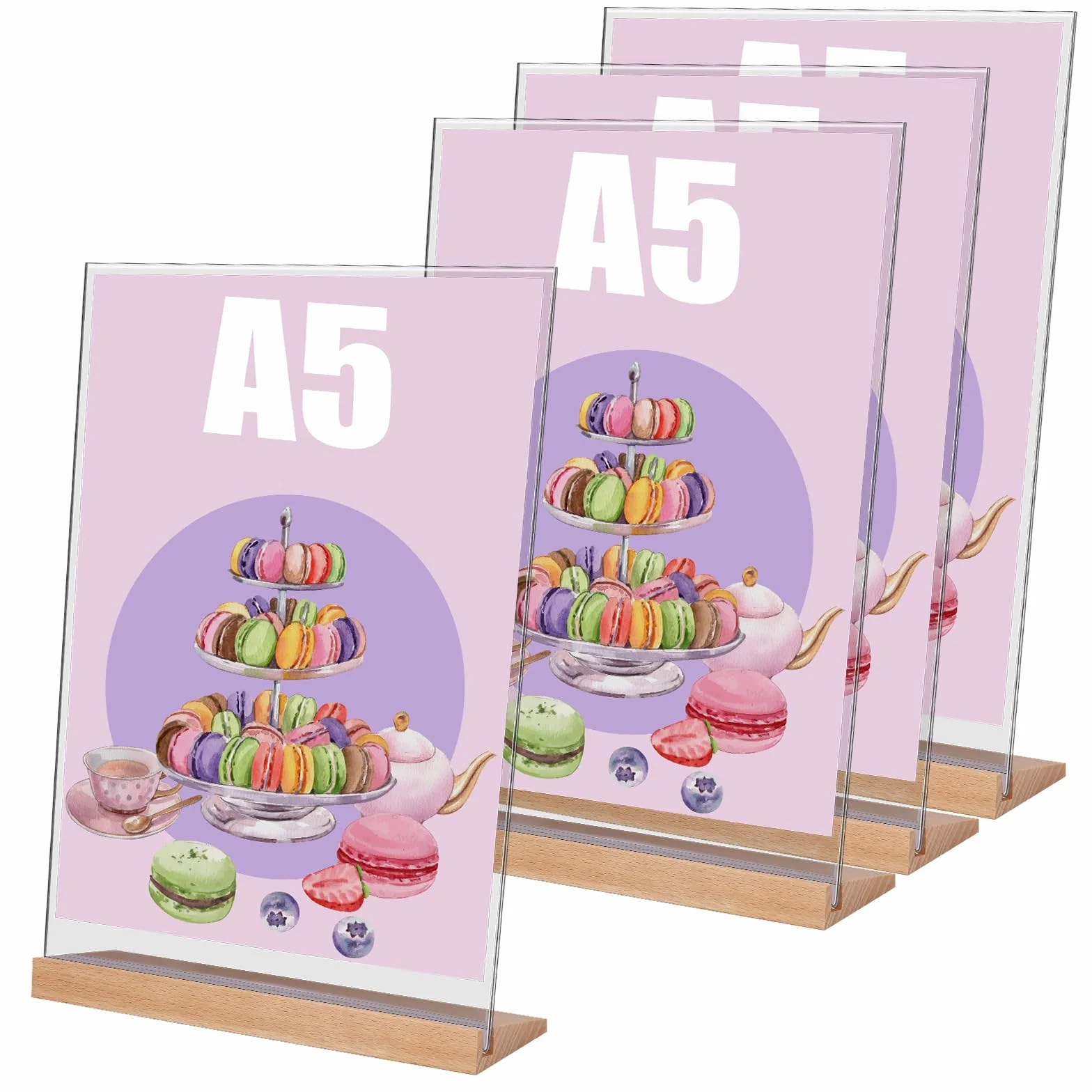 Yoosso Stojak na stół A5, 4 sztuki, w kształcie litery L, format A5, akrylowy, ekspozycja reklamowa z drewnianą podstawą do menu, kawiarni, restauracji, sklepu, na wesele (21 x 14,3 cm)