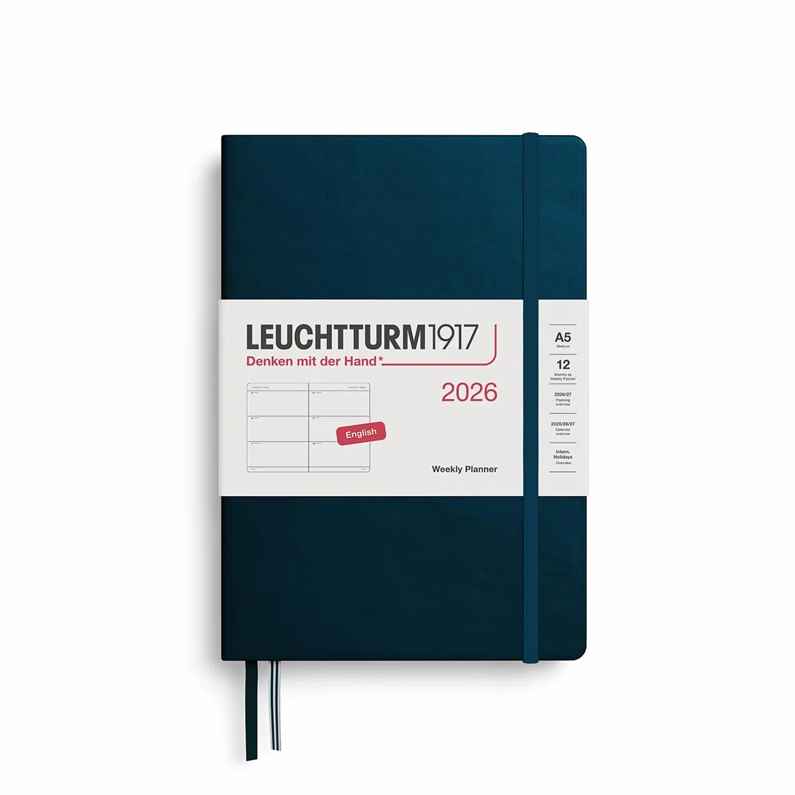 LEUCHTTURM1917 372712 kalendarz tygodniowy Medium (A5) 2026, Deep Sea, angielski