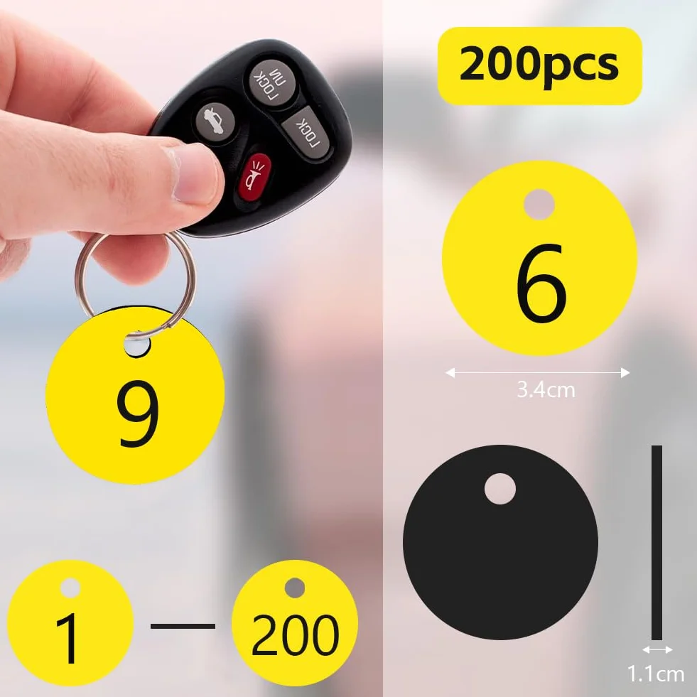 Flintronic 200 sztuk tablic rejestracyjnych z tworzywa sztucznego, małe, wodoodporne, z otworem, z pierścieniami na klucze, do garderoby, hotelu (żółte, 1-200)