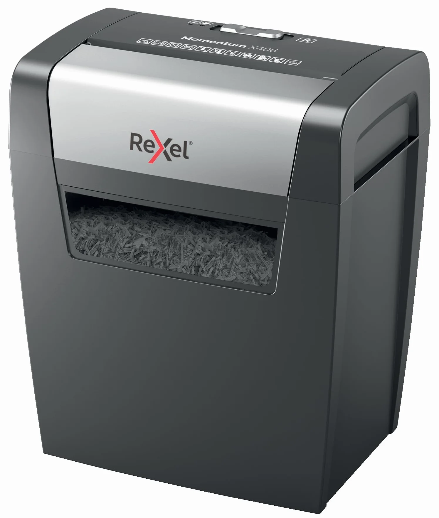 Rexel, Niszczarka do Papieru Rexel Momentum X406, Tnie na Konfetti do 6 kartek (80 gsm), Poziom Bezpieczeństwa P-4, Pojemność Pojemnika na Ścinki 15L, Kolor Czarny (2104569EU)