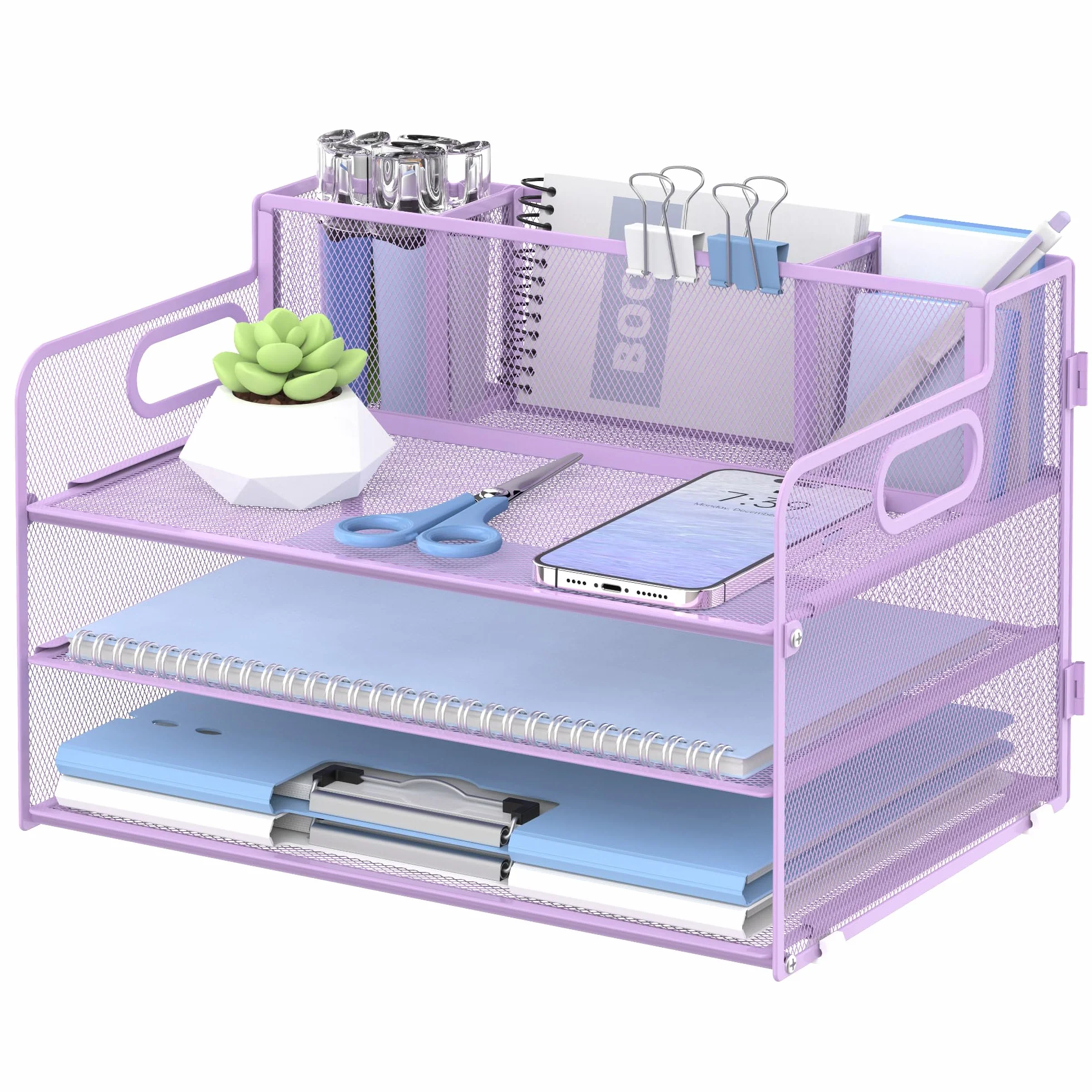 SUPEASY 3 Tier Desk Organizer with Handle & 3 Pen Holders, Mesh Paper/File Organizer for Desk, Paper Letter Tray Organizer for Office Supplies (Light Purple)