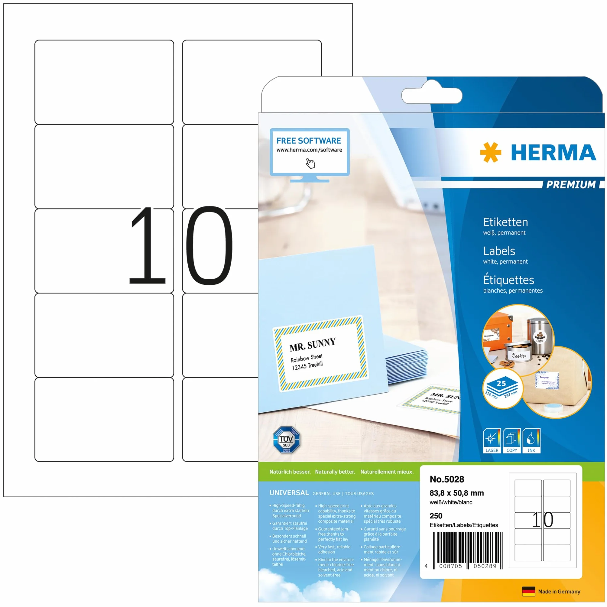 HERMA Samoprzylepne etykiety A4 83,8 x 50,8 mm 250 sztuk do drukarek laserowych i atramentowych