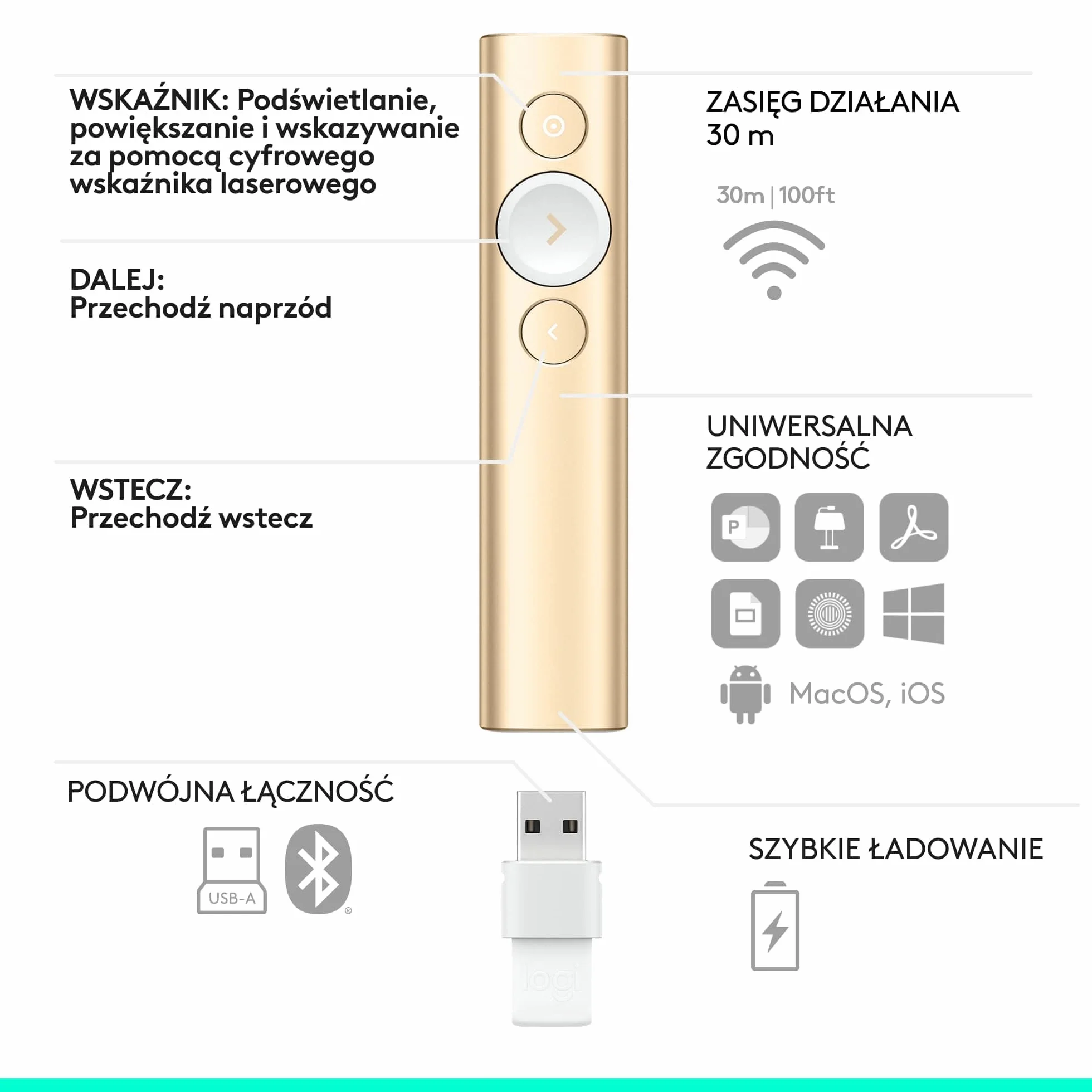 Logitech Spotlight™ Presentation Remote, Z Zaawansowanym Cyfrowym Wskaźnikiem I Zegarem Z Alertami Wibracyjnymi, Pc/Mac - Złoto,910-004862