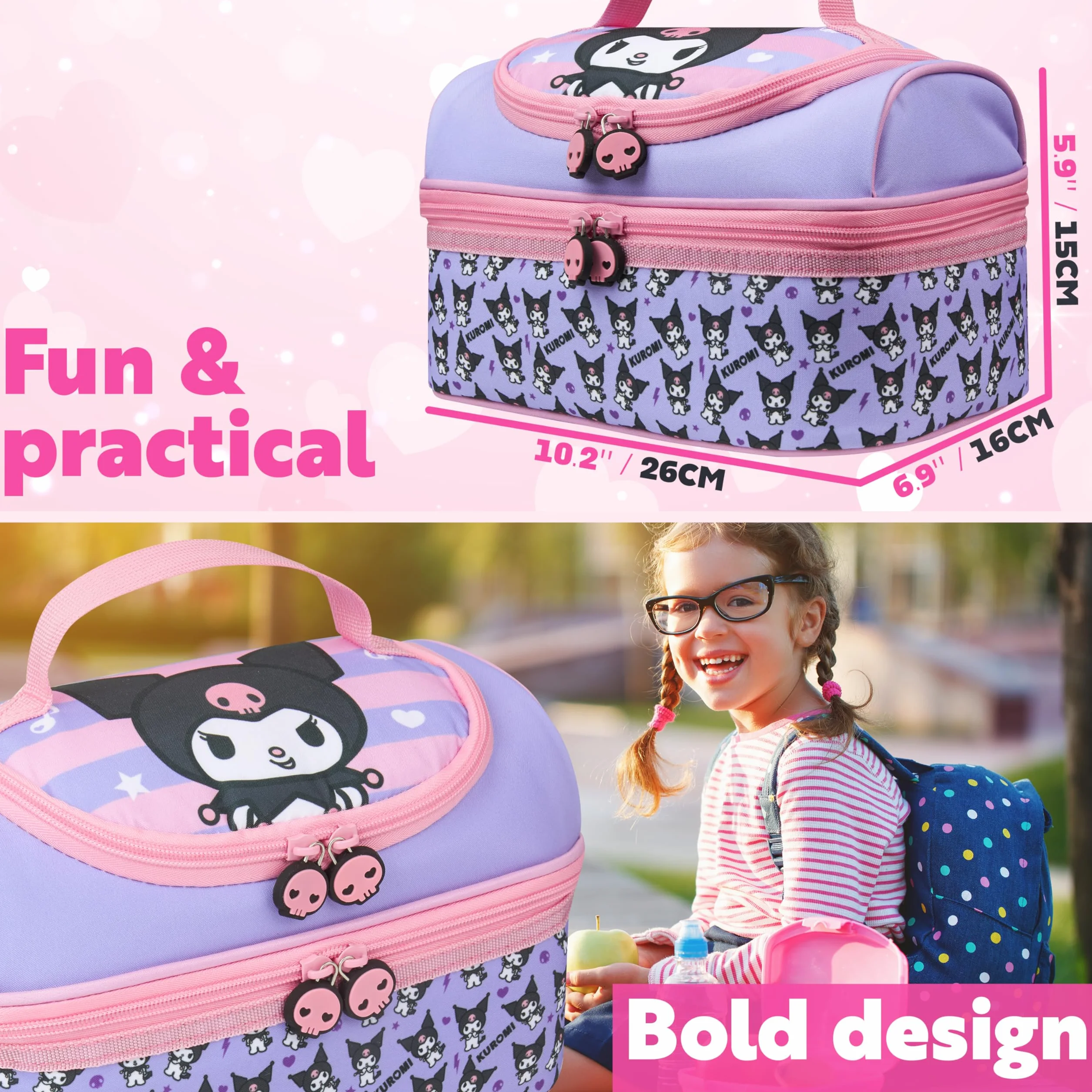 Hello Kitty Kuromi Kawaii Izolowana torba na lunch z przegródkami Anime Przekąski Nosiciel jedzenia do szkoły Piknik Torba chłodząca Multi Kuromi
