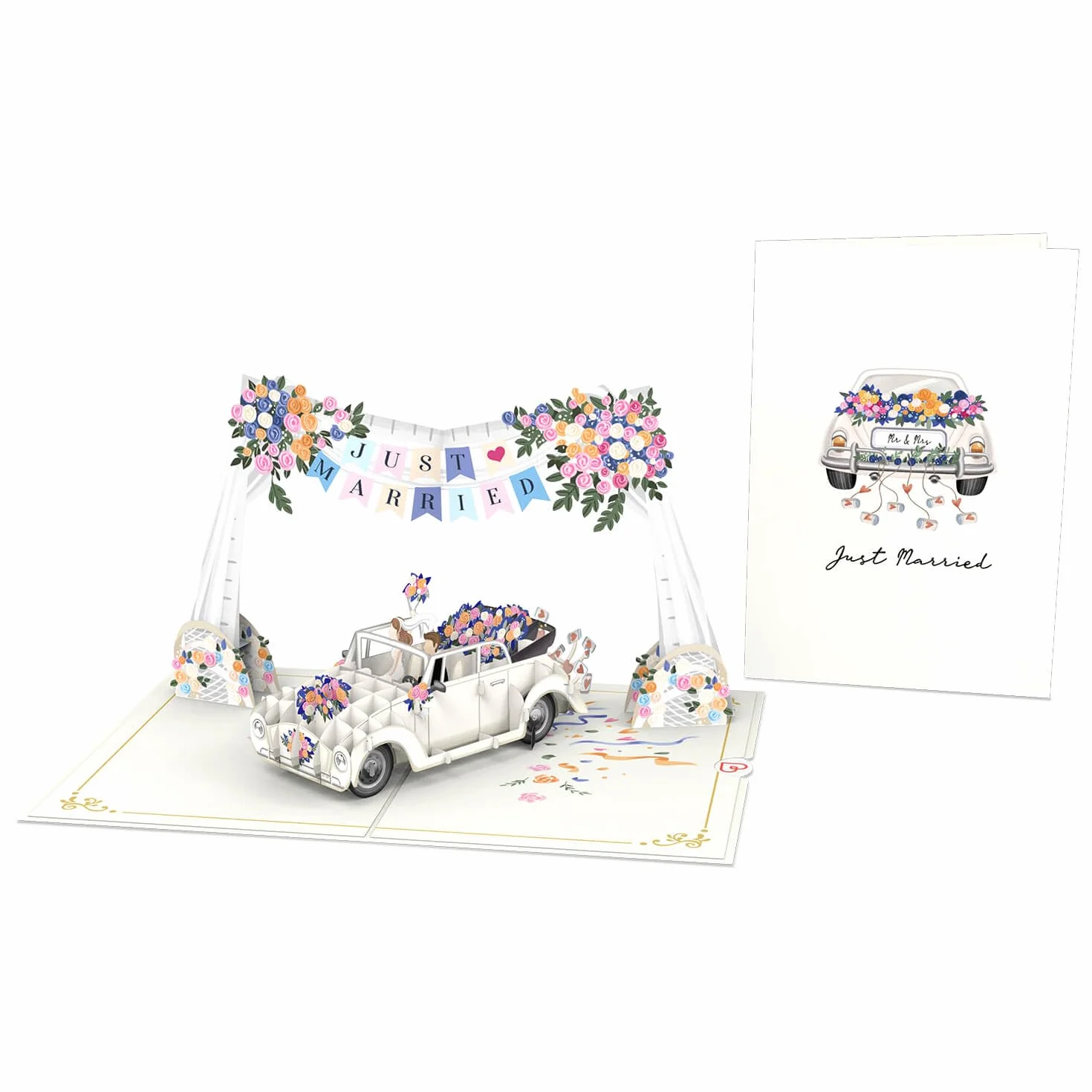 PaperCrush® kartka typu pop-up z koronką Just Married – elegancka 3D kartka ślubna dla pary młodej, kartka z życzeniami na ślub, kupon na podróż poślubną i prezent pieniężny na miesiąc miodowy
