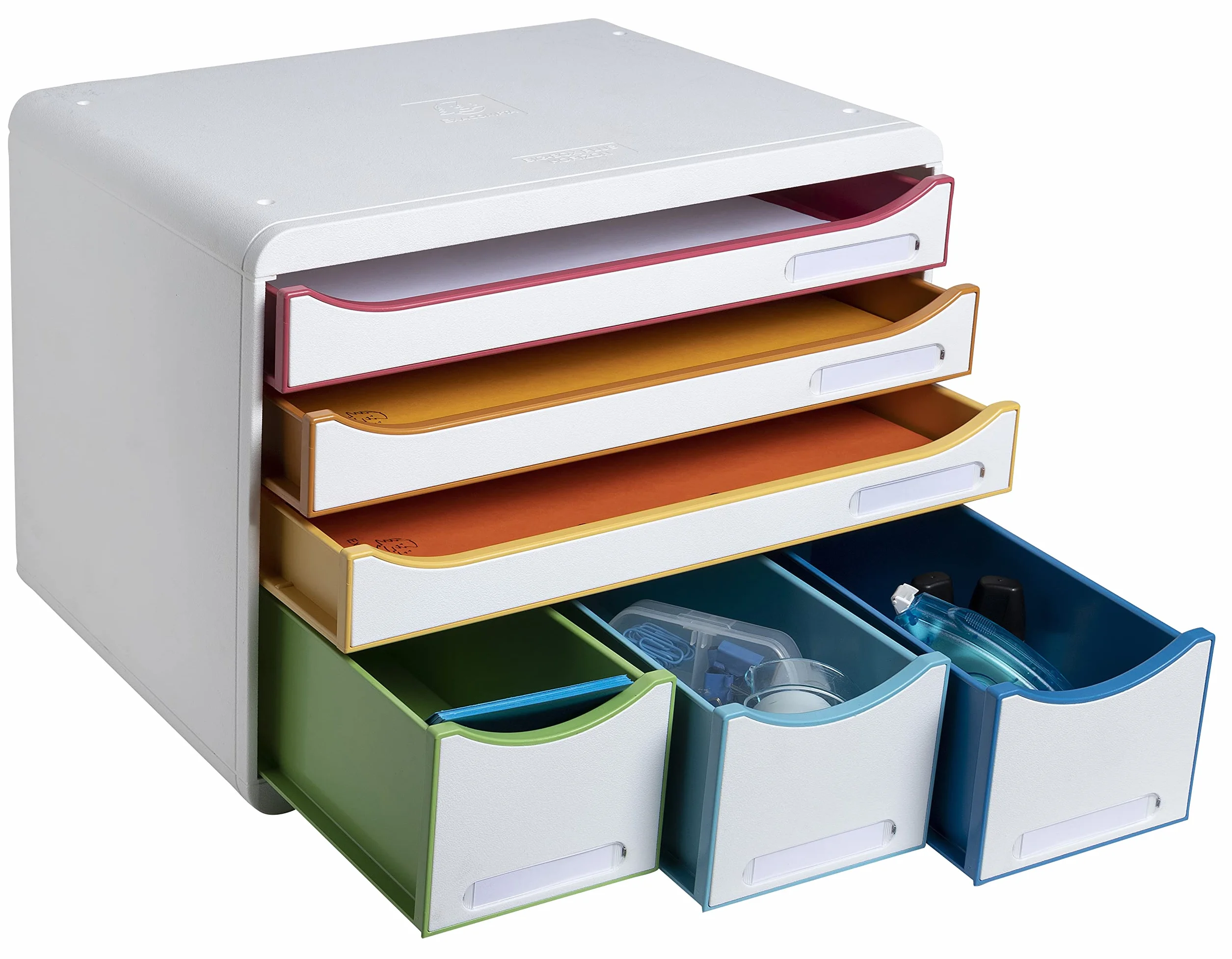 Exacompta 306913D Szafka na dokumenty STORE-BOX Black Office, 3 wąskie szuflady oraz 3 szuflady na dokumenty A4+, wymiary zewnętrzne: 27 x 35,5 x 27,1 cm, 1 sztuka kolor biały/harlekin/biały