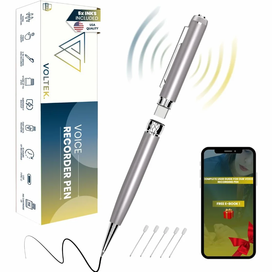 VOLTEK Pióro do nagrywania dźwięku Micro Spy, 64 GB, USB 3.0, typ C, przechwytywanie głosu za pomocą dyktafonów głosowych, mini rejestrator na spotkania, konferencje, dziennikarz, darmowy e-book w